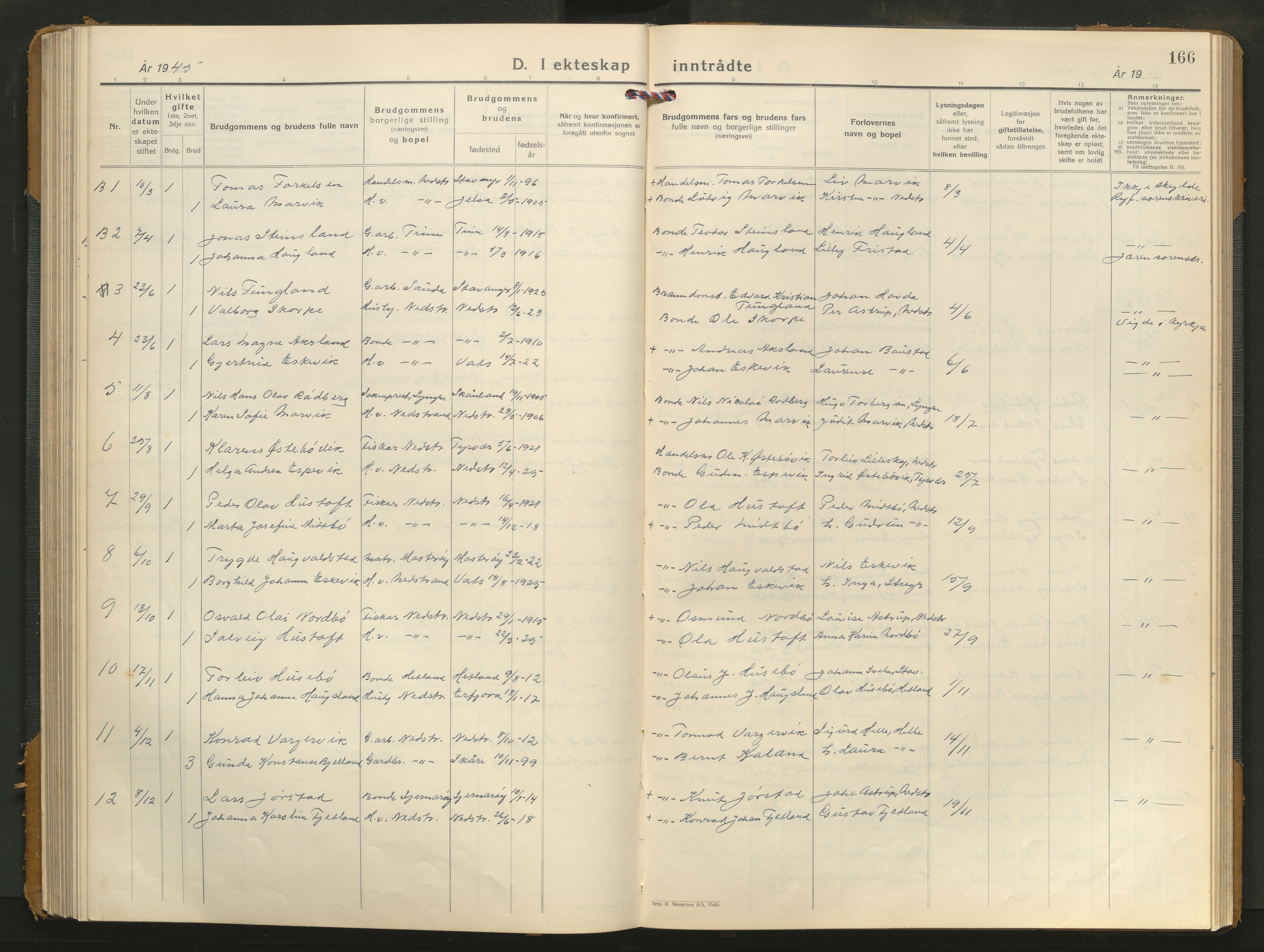 Nedstrand sokneprestkontor, AV/SAST-A-101841/01/V/L0004: Parish register (copy) no. B 4, 1933-1961, p. 166