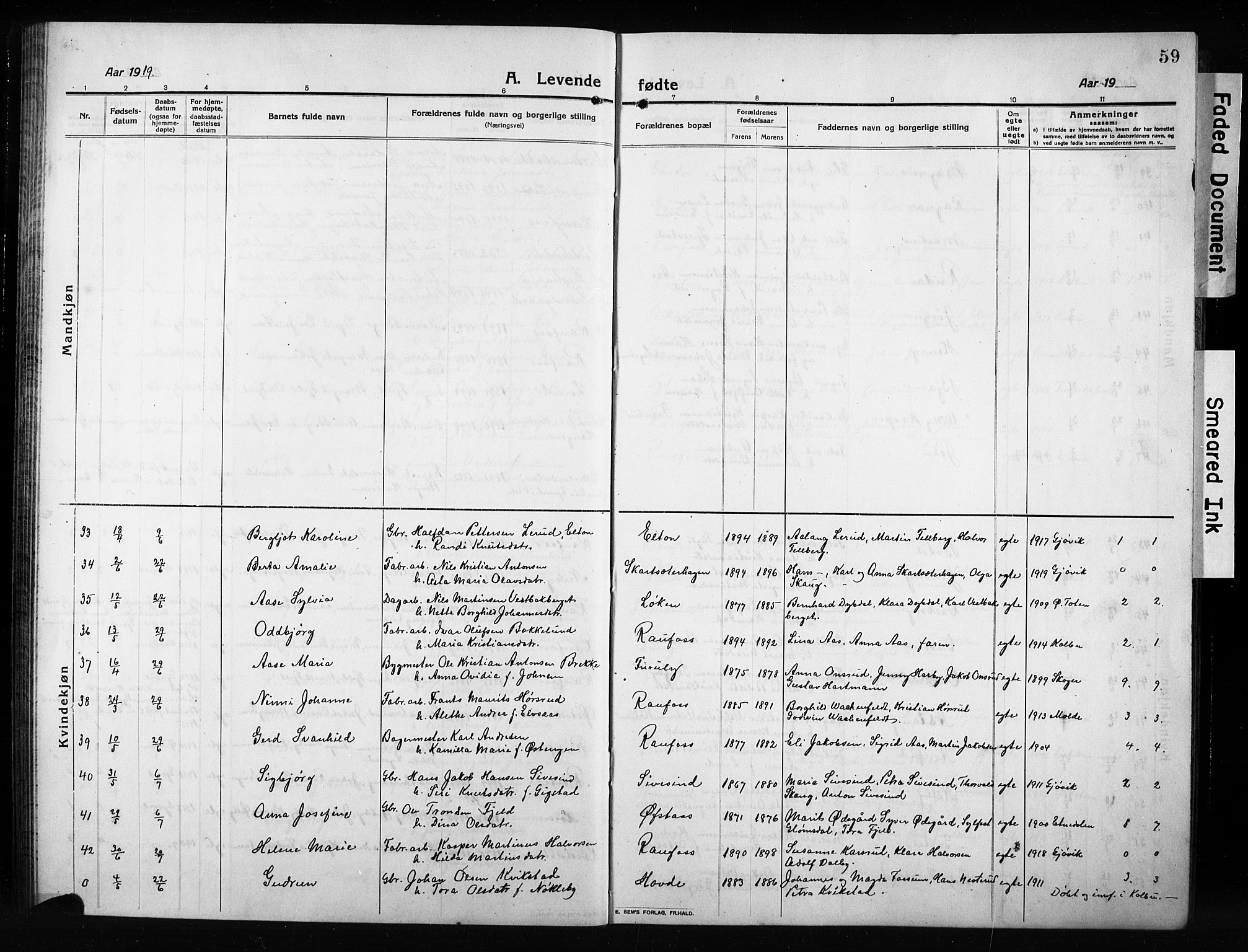 Vestre Toten prestekontor, AV/SAH-PREST-108/H/Ha/Hab/L0012: Parish register (copy) no. 12, 1909-1928, p. 59