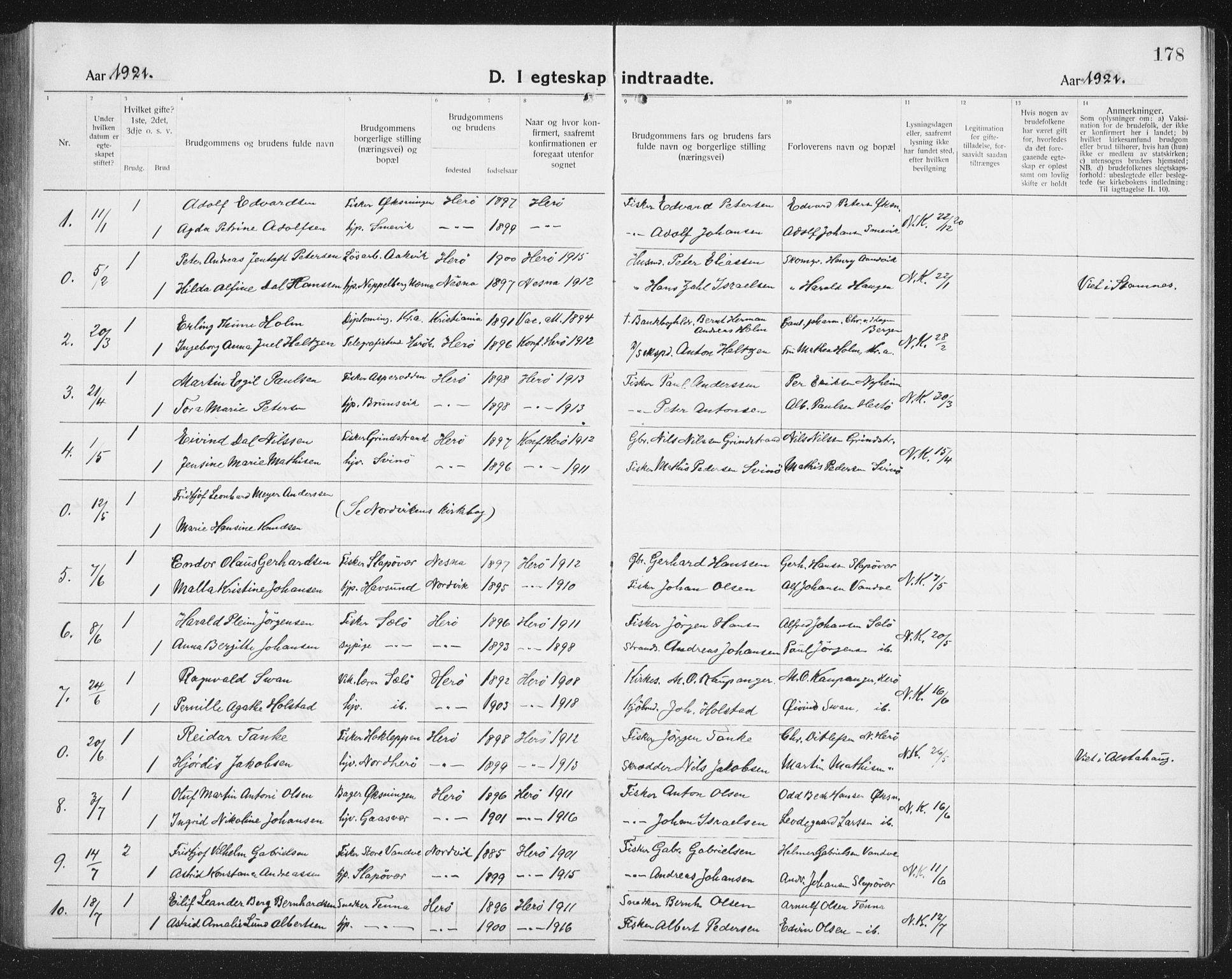 Ministerialprotokoller, klokkerbøker og fødselsregistre - Nordland, AV/SAT-A-1459/834/L0517: Parish register (copy) no. 834C07, 1919-1939, p. 178