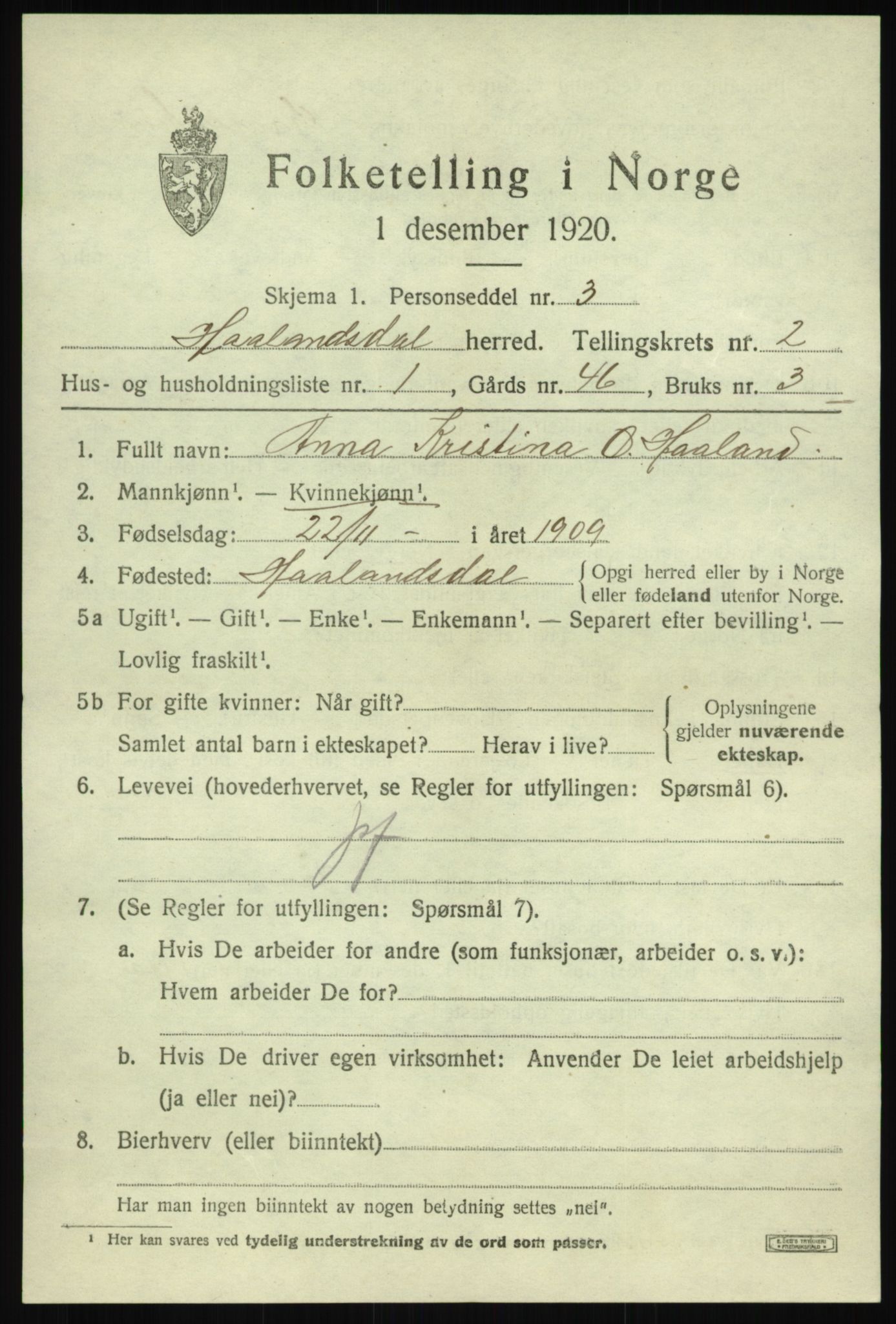 SAB, 1920 census for Hålandsdal, 1920, p. 476