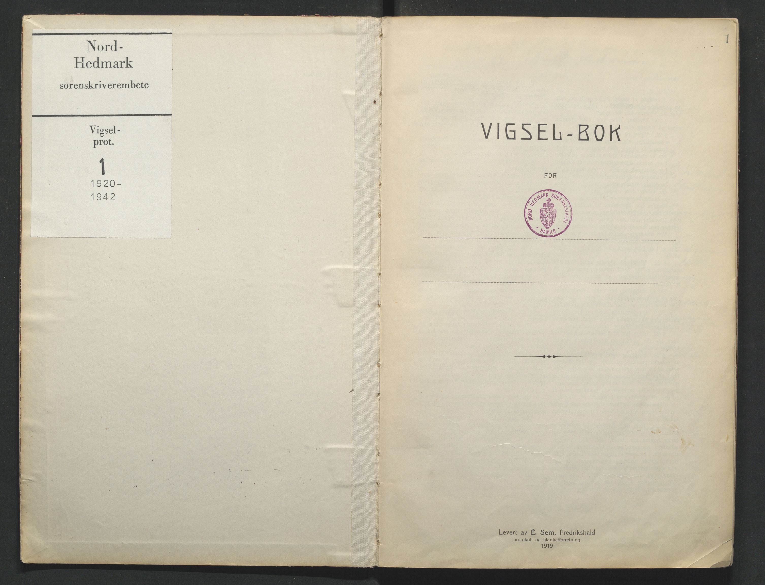 Nord-Hedmark sorenskriveri, AV/SAH-TING-012/L/Lc/L0001/0001: Vigselsprotokoller / Vigselsprotokoll, 1920-1942, p. 1