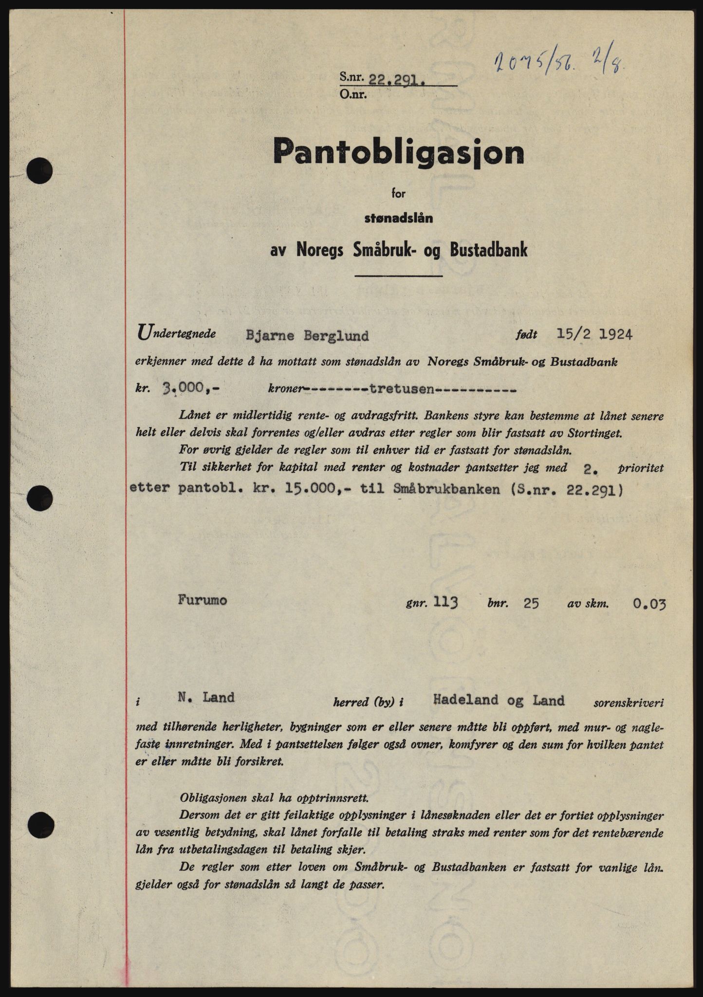 Hadeland og Land tingrett, SAH/TING-010/H/Hb/Hbc/L0034: Mortgage book no. B34, 1956-1956, Diary no: : 2075/1956