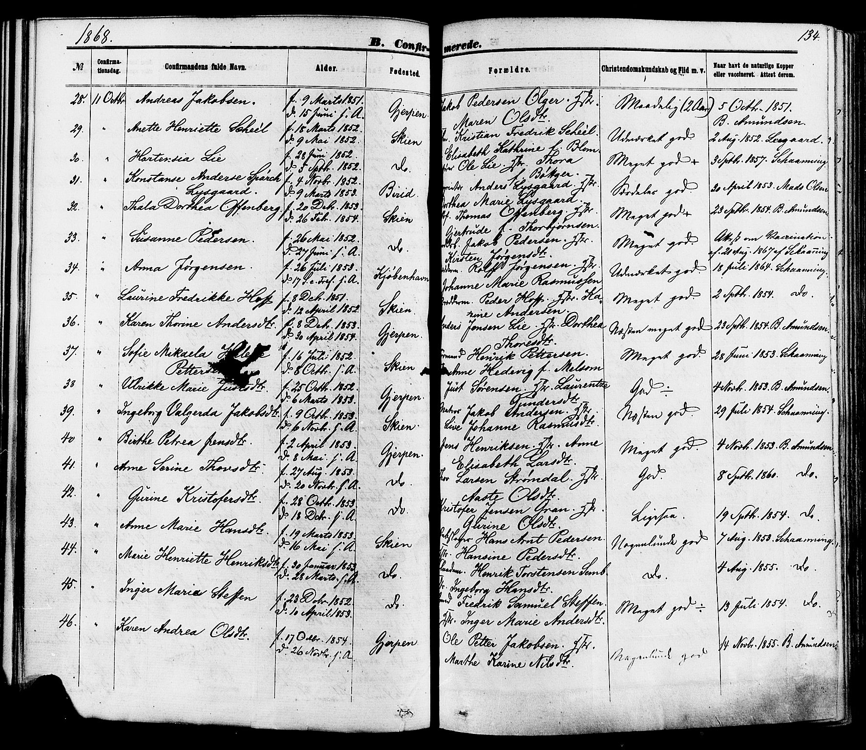 Skien kirkebøker, AV/SAKO-A-302/F/Fa/L0008: Parish register (official) no. 8, 1866-1877, p. 134