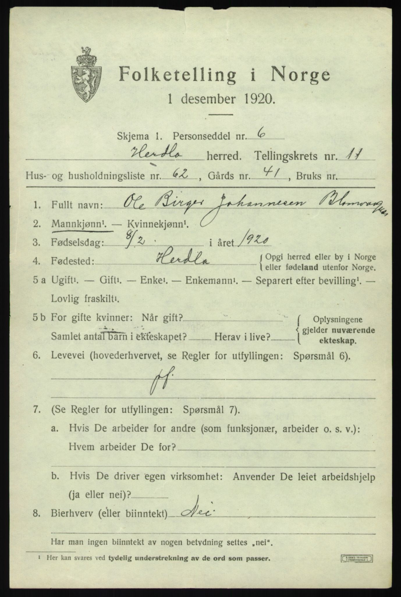 SAB, 1920 census for Herdla, 1920, p. 8333