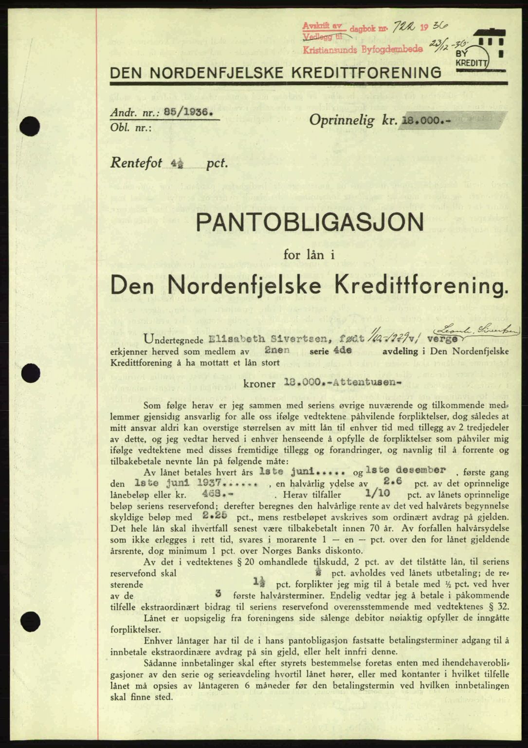 Kristiansund byfogd, AV/SAT-A-4587/A/27: Mortgage book no. 29, 1936-1937, Diary no: : 722/1936