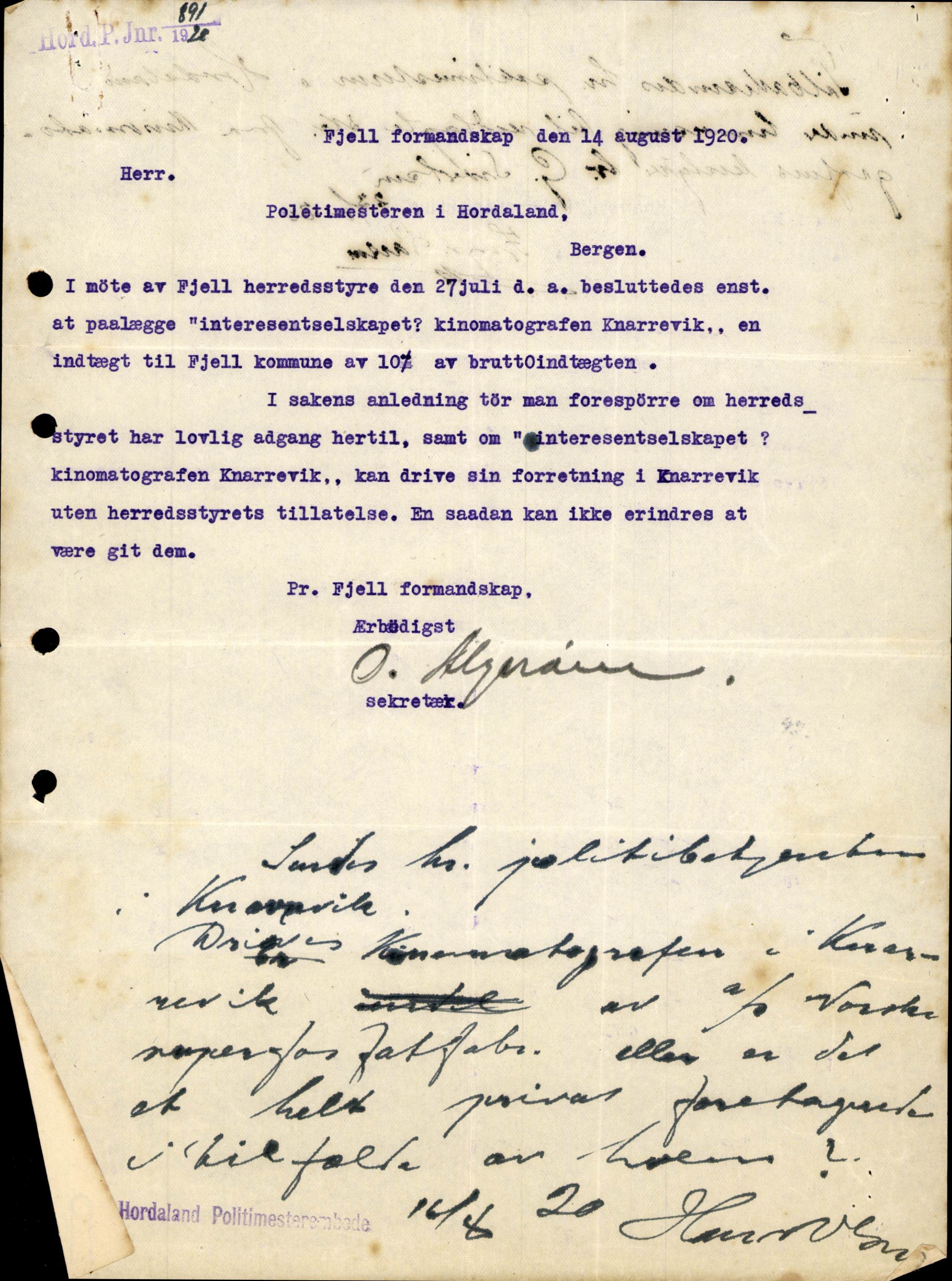 Fjell kommune. Formannskapet, IKAH/1246-021/D/Db/L0005/0007/0001: Korrespondanse / Kinodrift, 1920