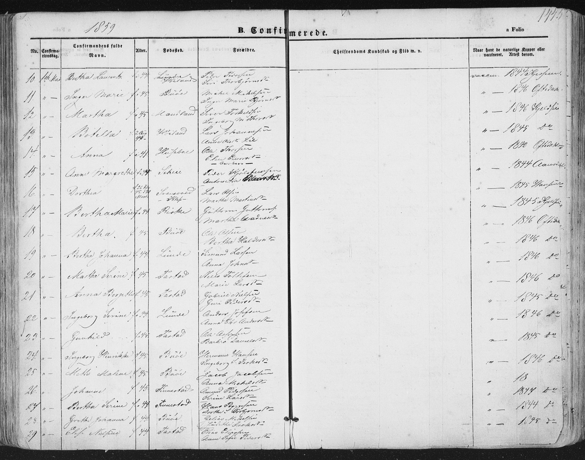 Hetland sokneprestkontor, AV/SAST-A-101826/30/30BA/L0002: Parish register (official) no. A 2, 1849-1869, p. 144