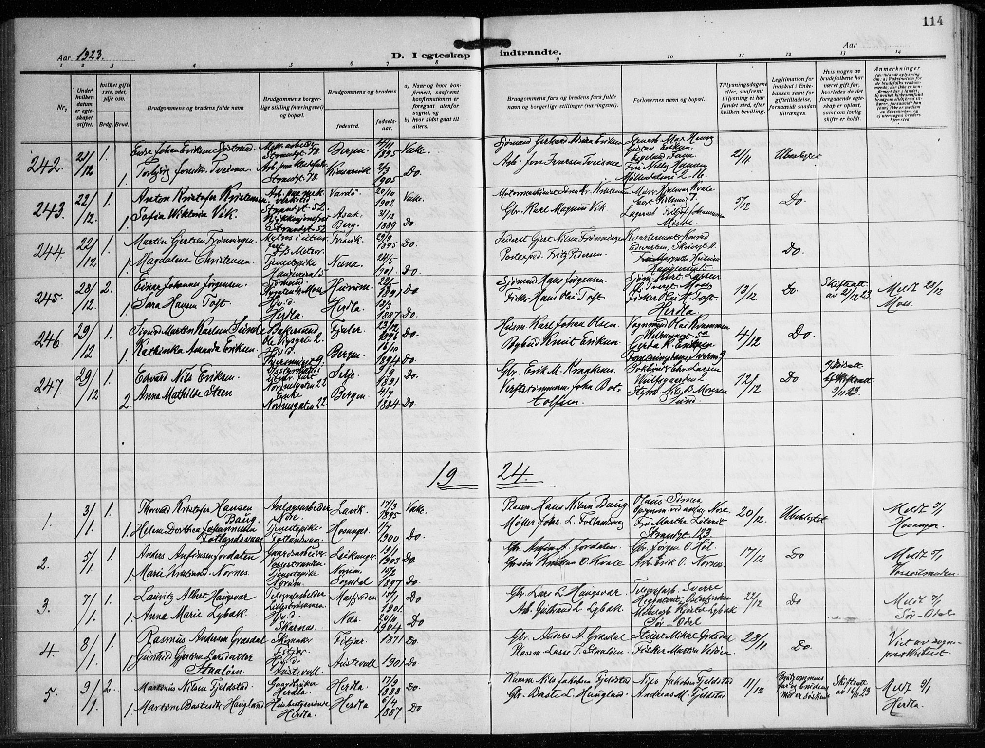 Nykirken Sokneprestembete, SAB/A-77101/H/Haa/L0037: Parish register (official) no. D 7, 1918-1926, p. 114