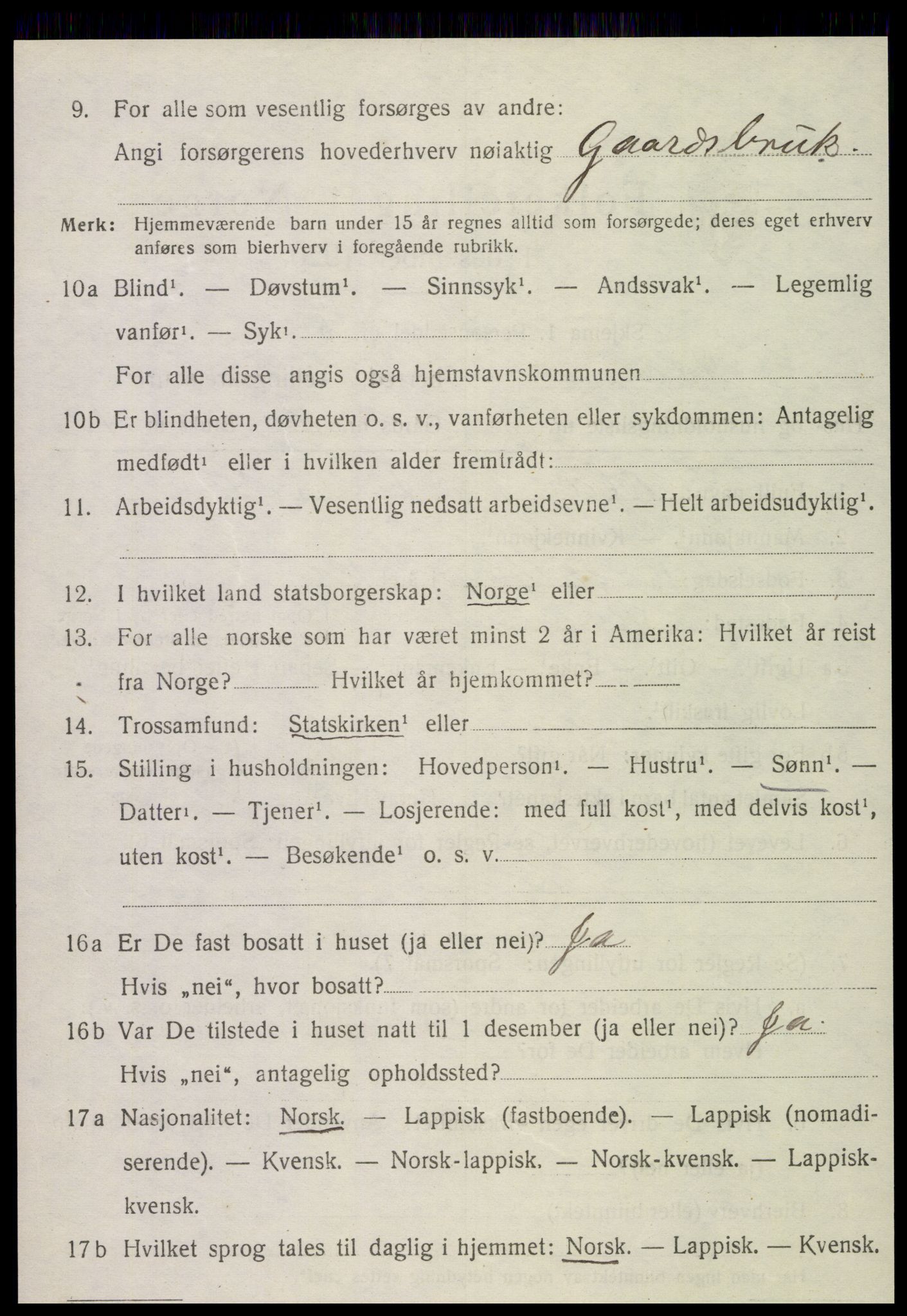 SAT, 1920 census for Kvam, 1920, p. 2538