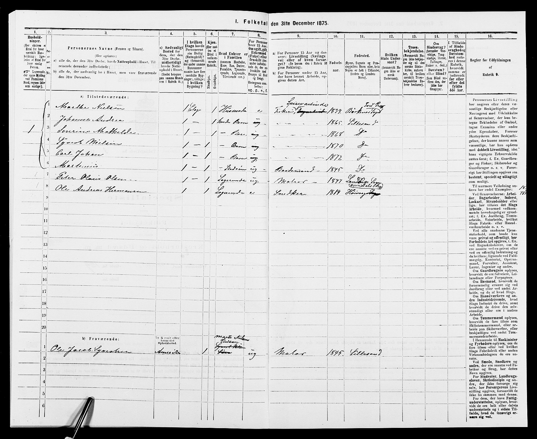 SAK, 1875 census for 0905B Vestre Moland/Lillesand, 1875, p. 223