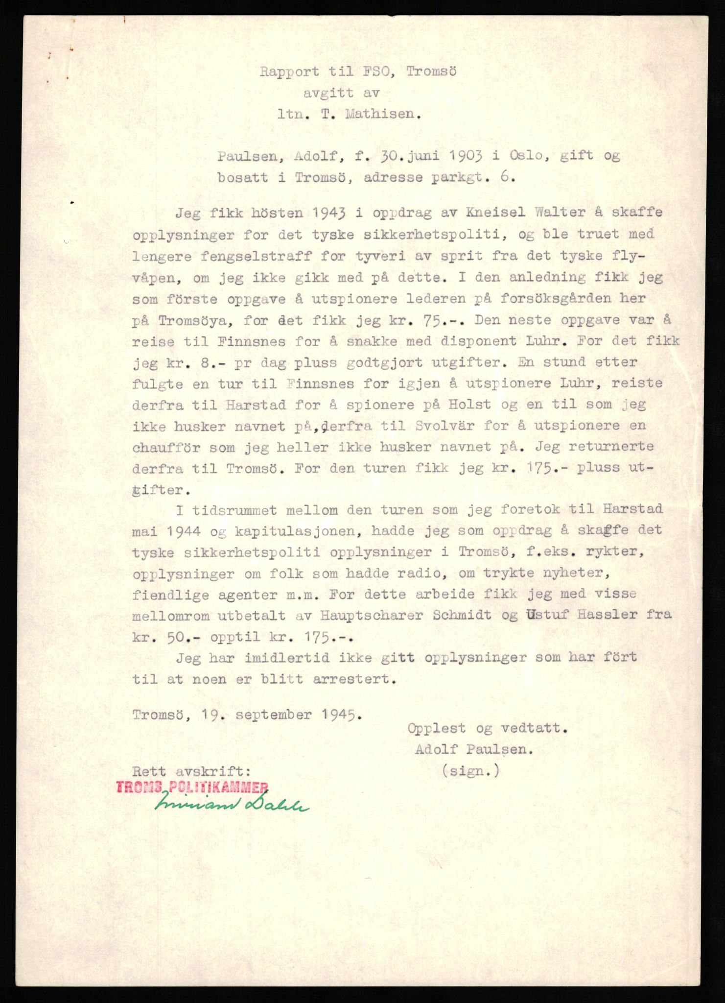 Forsvaret, Forsvarets overkommando II, AV/RA-RAFA-3915/D/Db/L0025: CI Questionaires. Tyske okkupasjonsstyrker i Norge. Tyskere., 1945-1946, p. 456