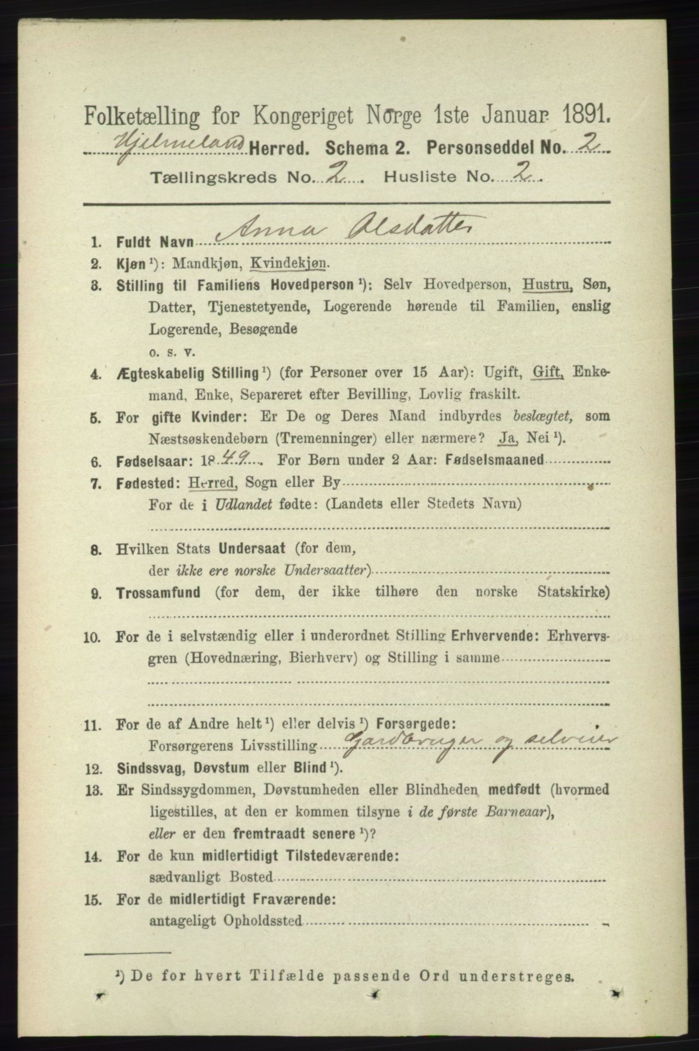 RA, 1891 census for 1133 Hjelmeland, 1891, p. 388