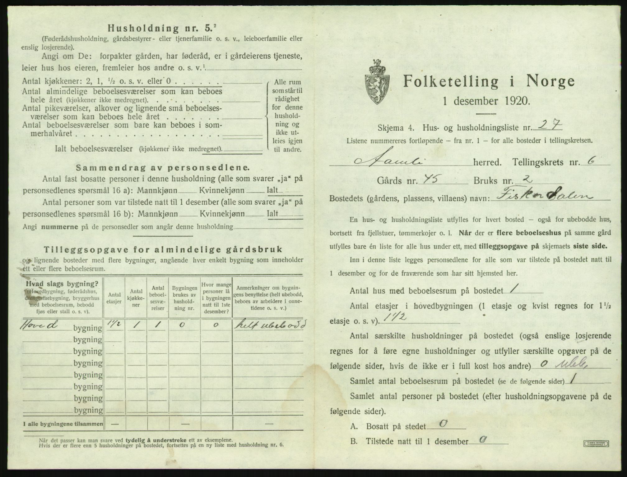 SAK, 1920 census for Åmli, 1920, p. 419