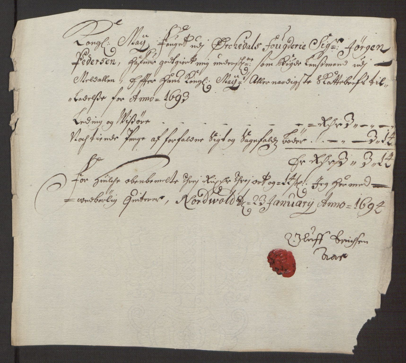 Rentekammeret inntil 1814, Reviderte regnskaper, Fogderegnskap, RA/EA-4092/R58/L3938: Fogderegnskap Orkdal, 1693, p. 202