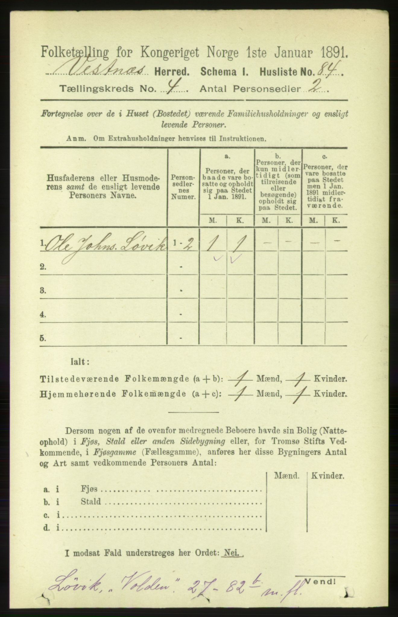 RA, 1891 census for 1535 Vestnes, 1891, p. 1299