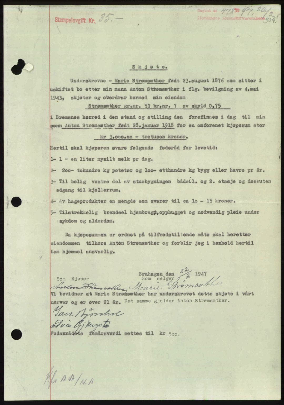 Nordmøre sorenskriveri, AV/SAT-A-4132/1/2/2Ca: Mortgage book no. A104, 1947-1947, Diary no: : 478/1947