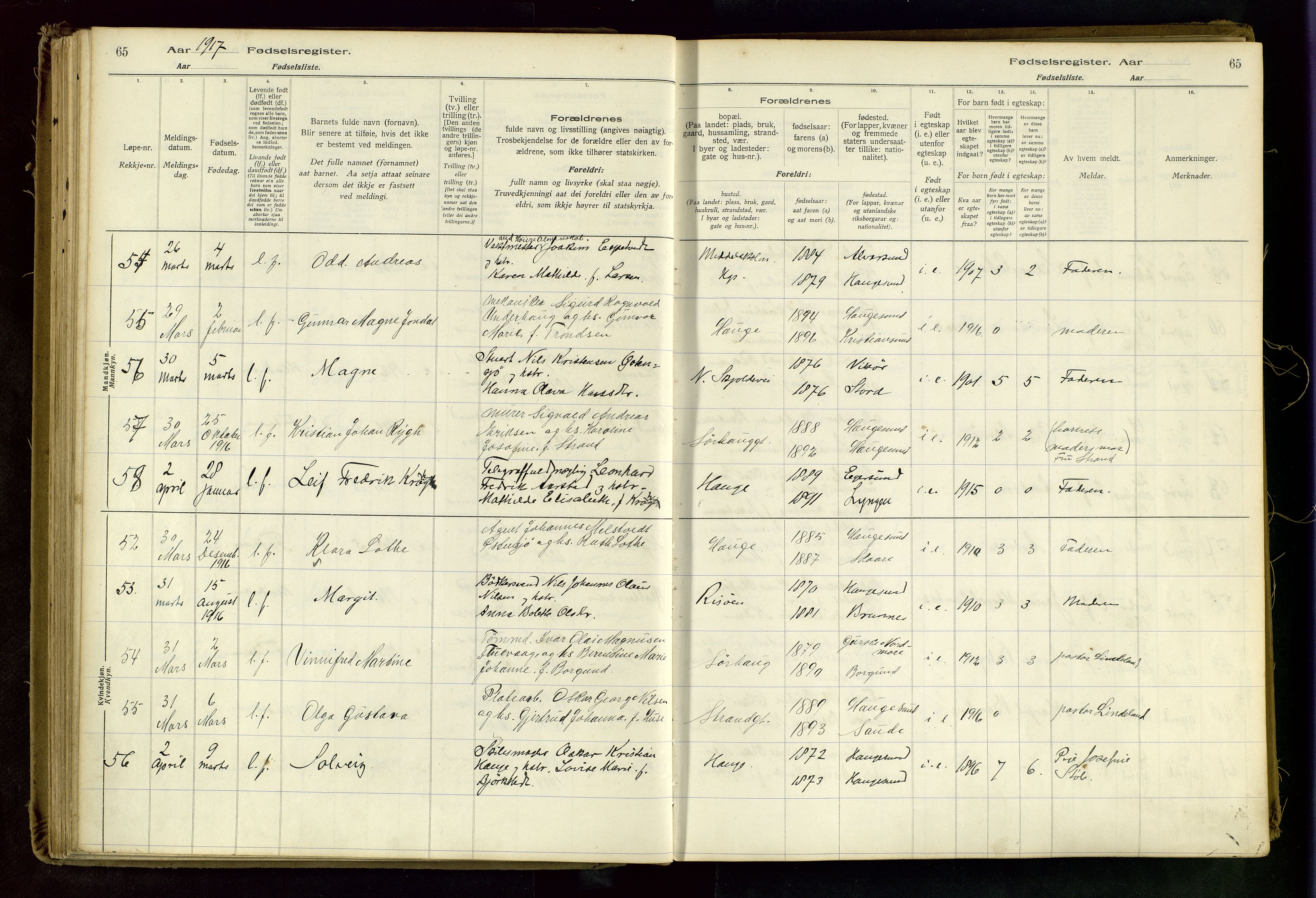 Haugesund sokneprestkontor, AV/SAST-A -101863/I/Id/L0003: Birth register no. 1, 1916-1919, p. 65
