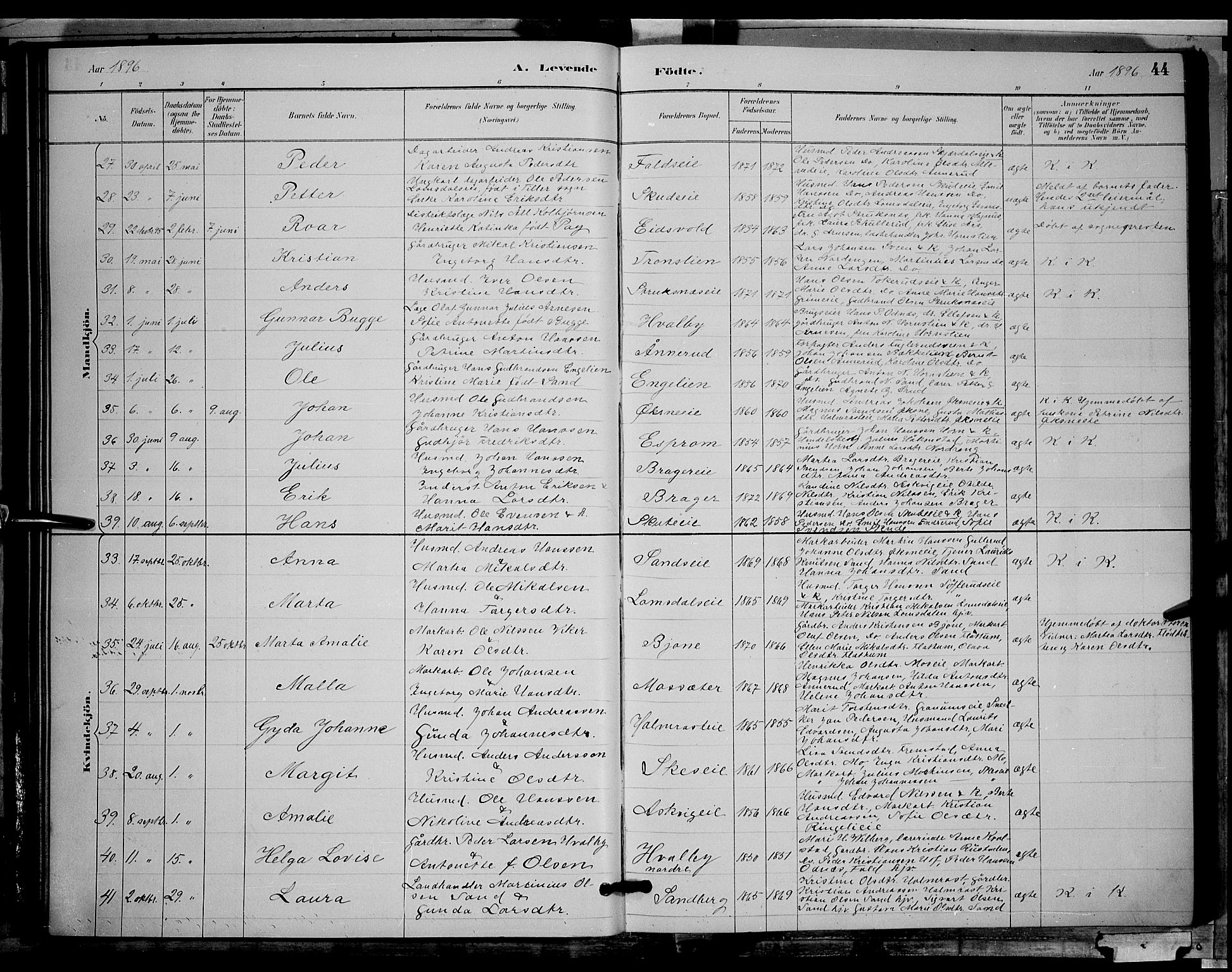 Søndre Land prestekontor, AV/SAH-PREST-122/L/L0002: Parish register (copy) no. 2, 1884-1900, p. 44