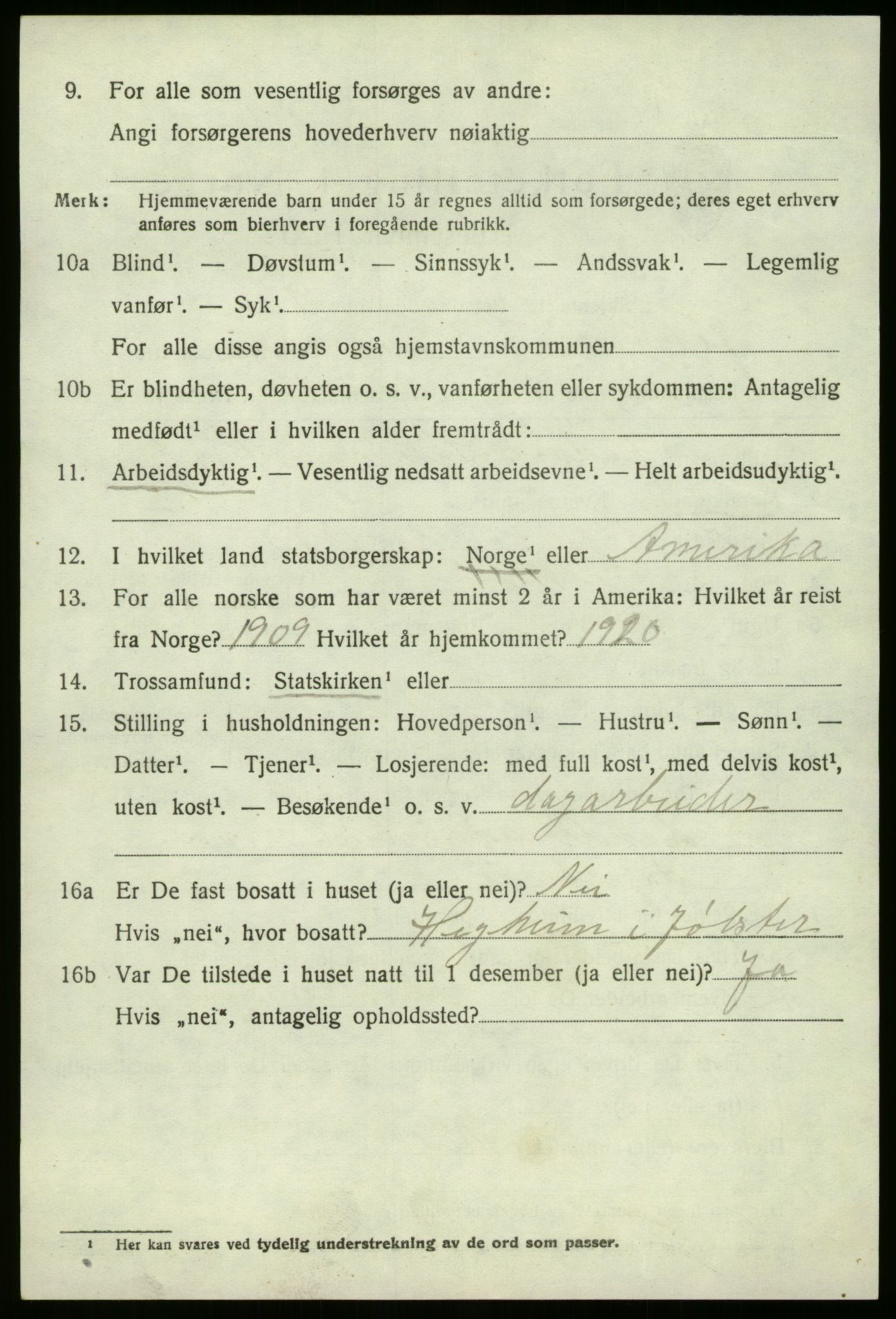 SAB, 1920 census for Jølster, 1920, p. 2957