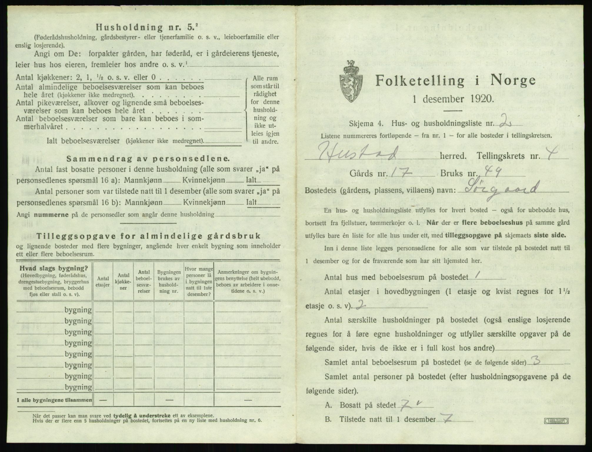 SAT, 1920 census for Hustad, 1920, p. 375