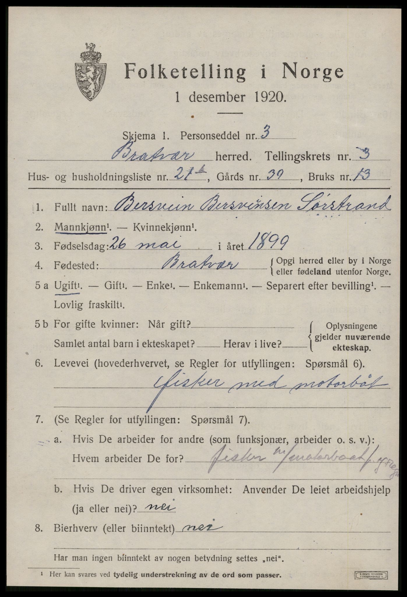 SAT, 1920 census for Brattvær, 1920, p. 1420