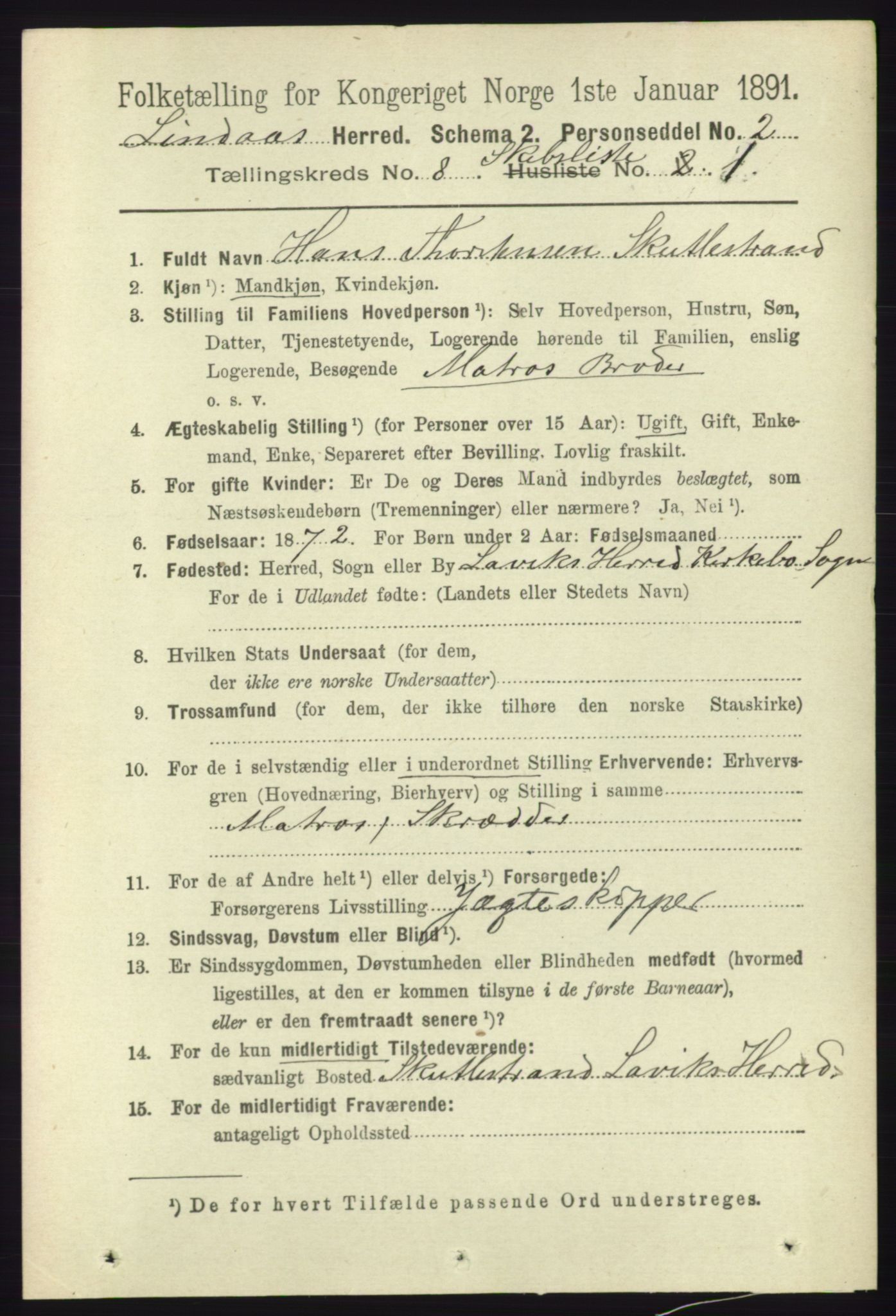 RA, 1891 census for 1263 Lindås, 1891, p. 2423