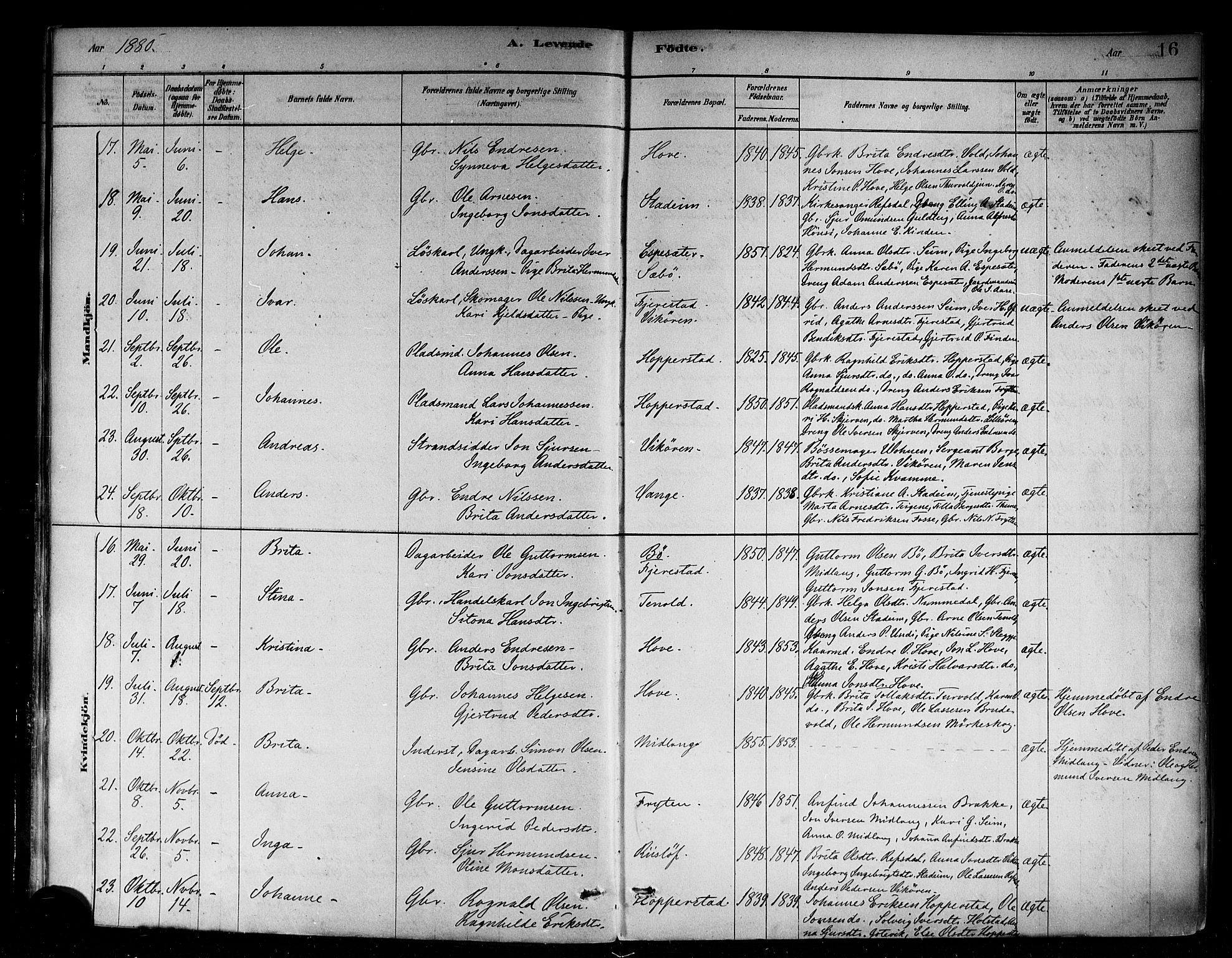 Vik sokneprestembete, AV/SAB-A-81501/H/Haa/Haab/L0001: Parish register (official) no. B 1, 1878-1890, p. 16