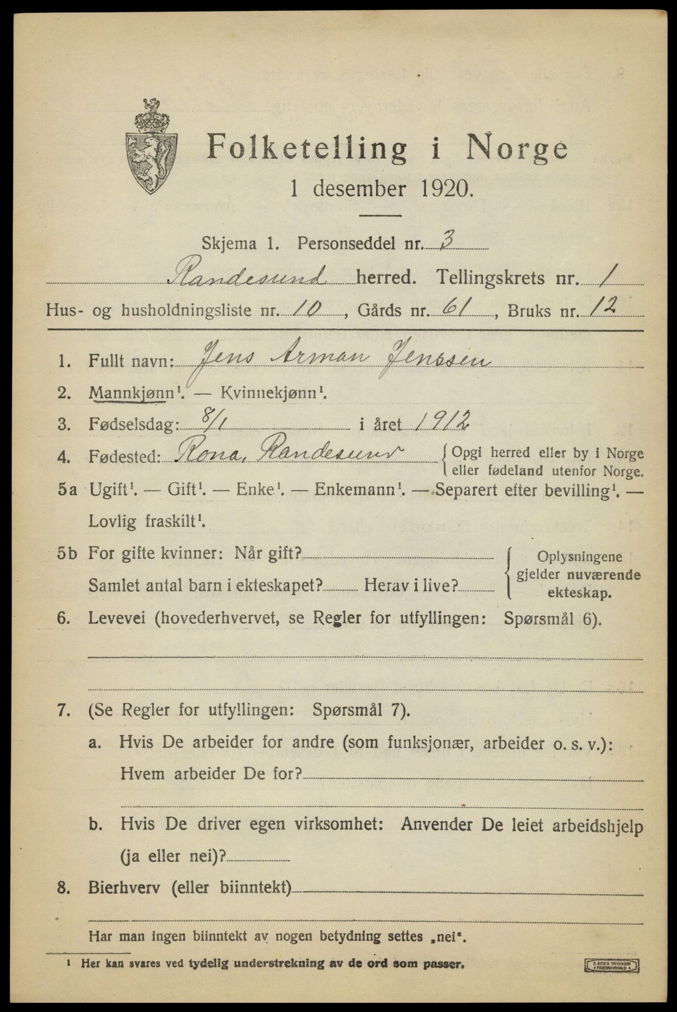 SAK, 1920 census for Randesund, 1920, p. 658