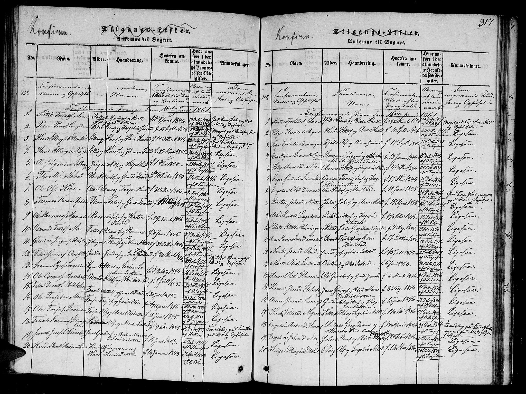 Gjerstad sokneprestkontor, SAK/1111-0014/F/Fb/Fbb/L0001: Parish register (copy) no. B 1, 1813-1863, p. 317