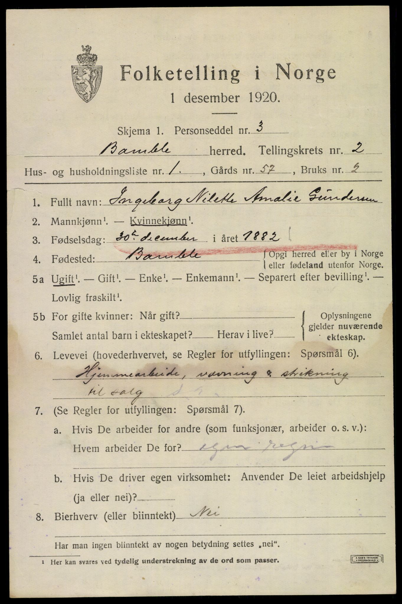 SAKO, 1920 census for Bamble, 1920, p. 2851