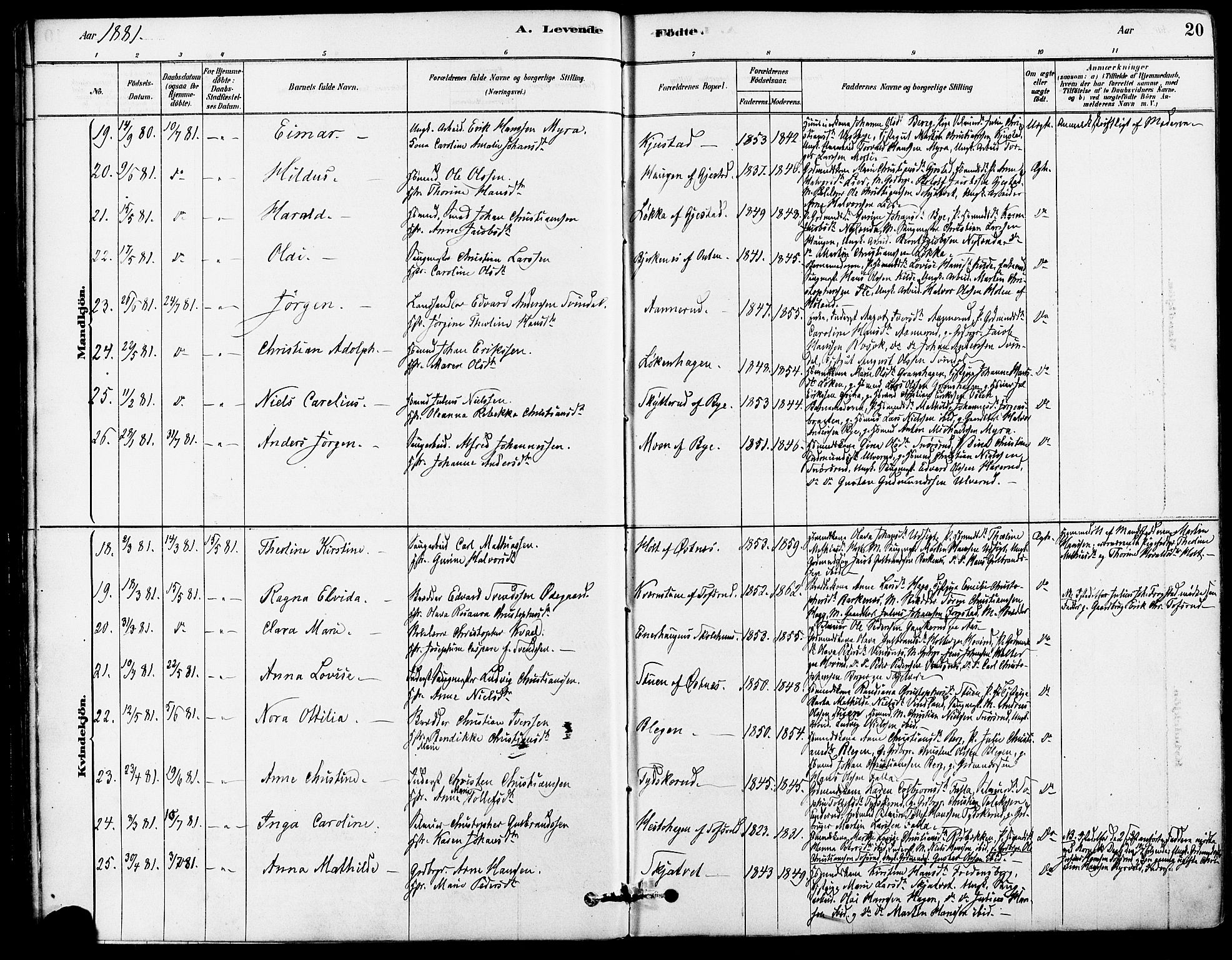 Fet prestekontor Kirkebøker, SAO/A-10370a/F/Fa/L0014: Parish register (official) no. I 14, 1878-1891, p. 20