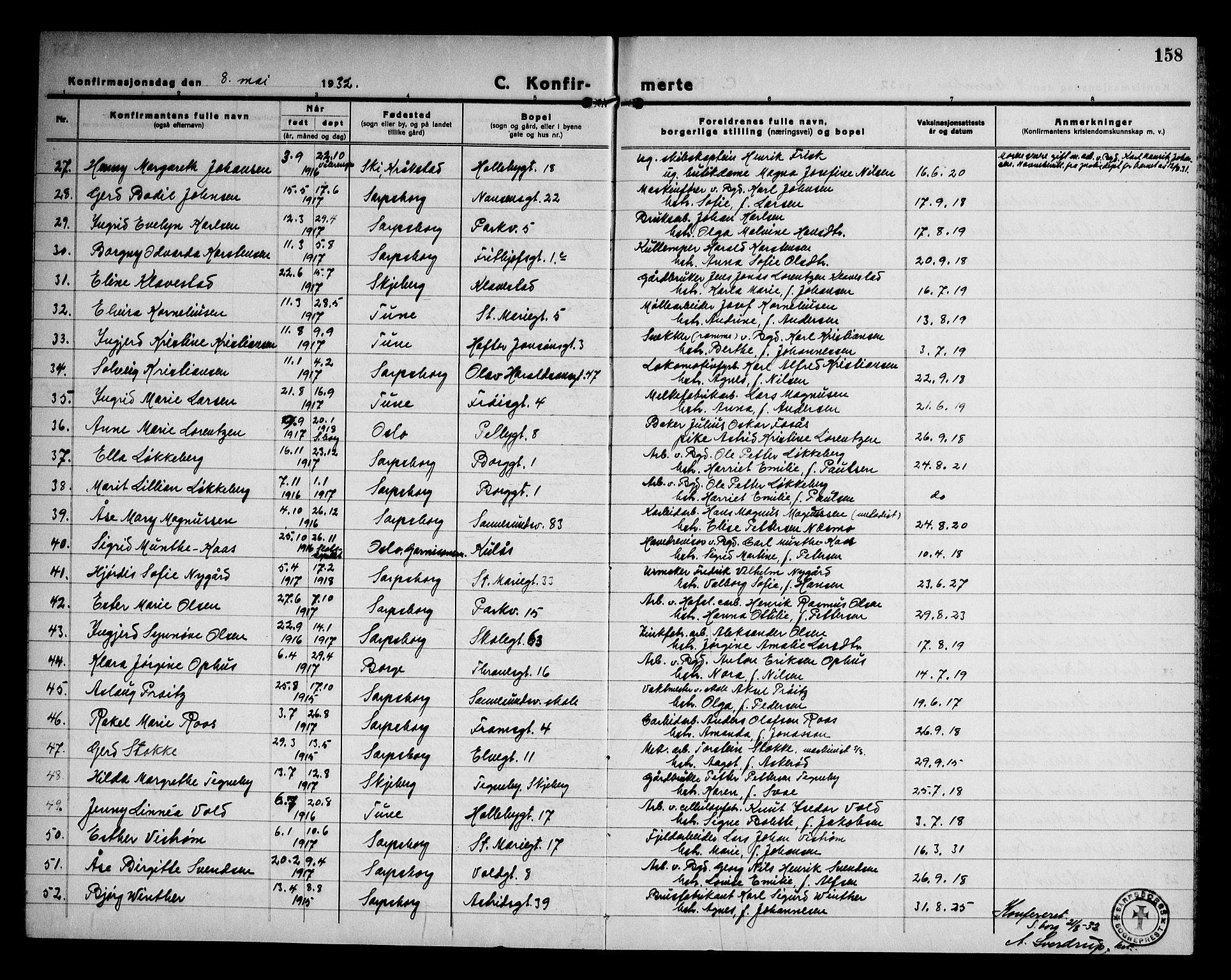 Sarpsborg prestekontor Kirkebøker, AV/SAO-A-2006/G/Ga/L0005: Parish register (copy) no. 5, 1932-1950, p. 158