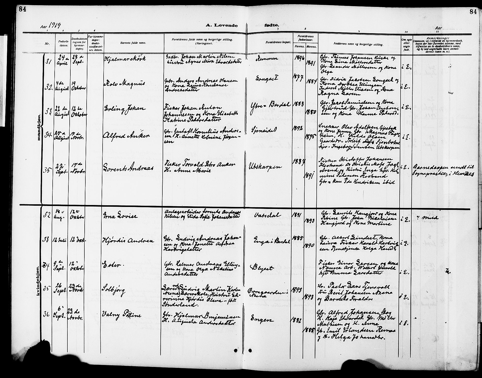 Ministerialprotokoller, klokkerbøker og fødselsregistre - Nordland, AV/SAT-A-1459/838/L0560: Parish register (copy) no. 838C07, 1910-1928, p. 84