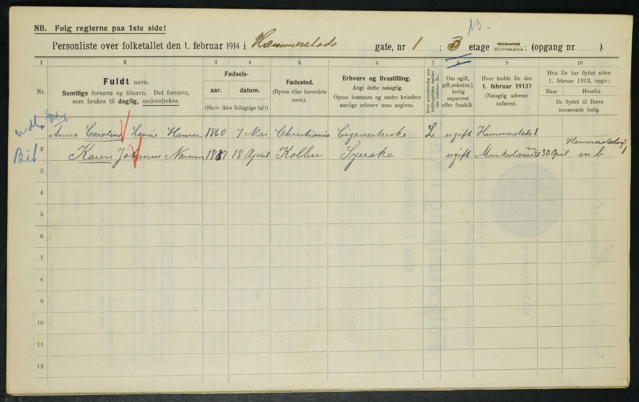 OBA, Municipal Census 1914 for Kristiania, 1914, p. 34598