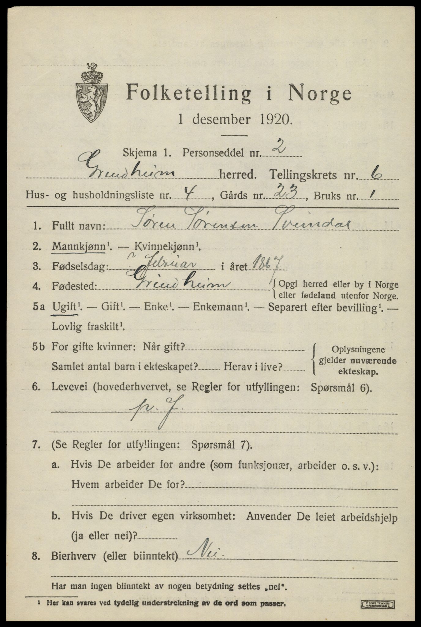 SAK, 1920 census for Grindheim, 1920, p. 1895