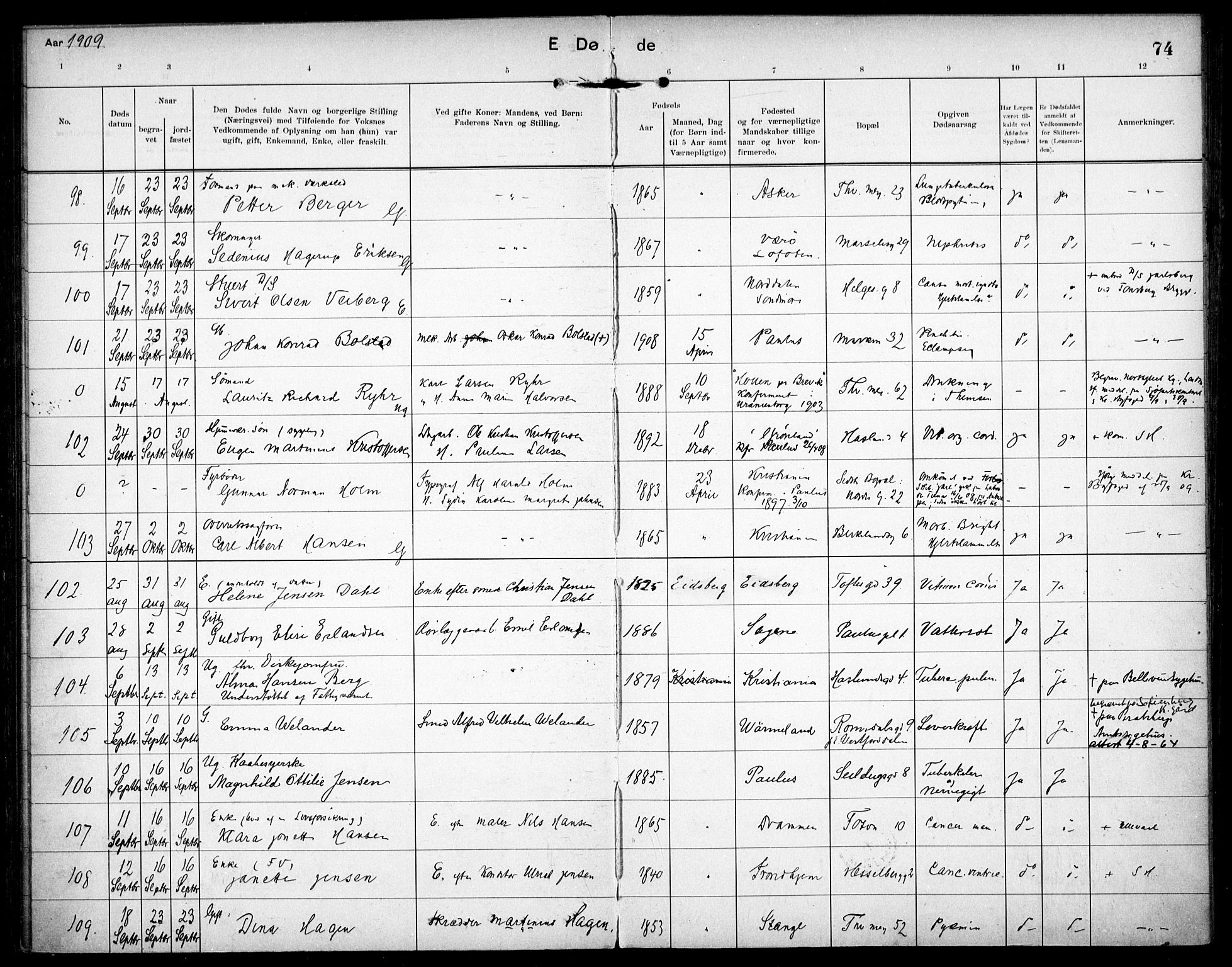 Paulus prestekontor Kirkebøker, AV/SAO-A-10871/F/Fa/L0018: Parish register (official) no. 18, 1906-1915, p. 74
