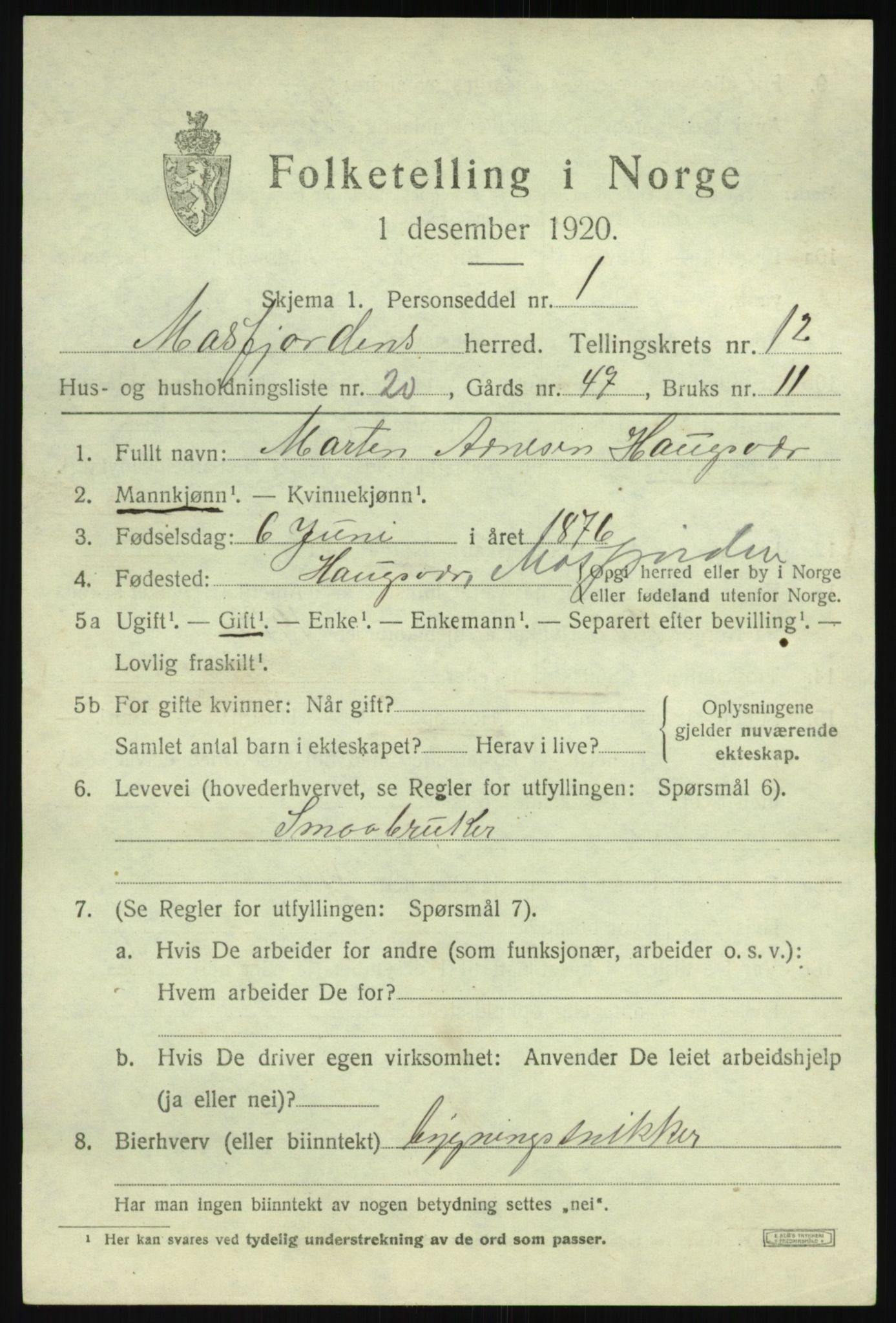 SAB, 1920 census for Masfjorden, 1920, p. 4761