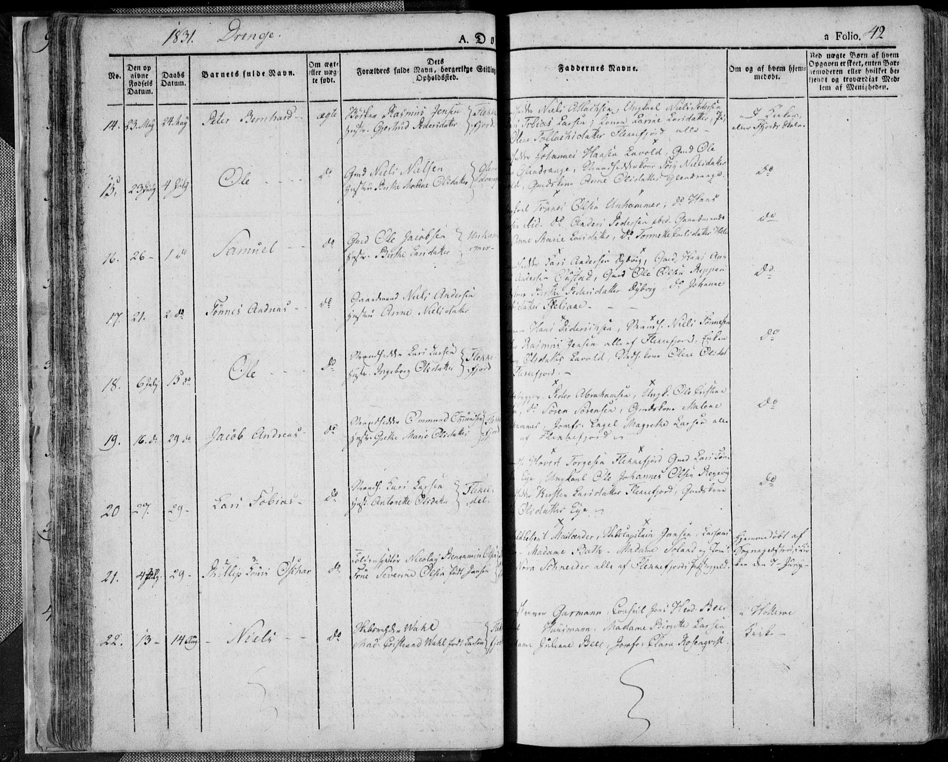 Flekkefjord sokneprestkontor, SAK/1111-0012/F/Fa/Fac/L0003: Parish register (official) no. A 3, 1826-1841, p. 42