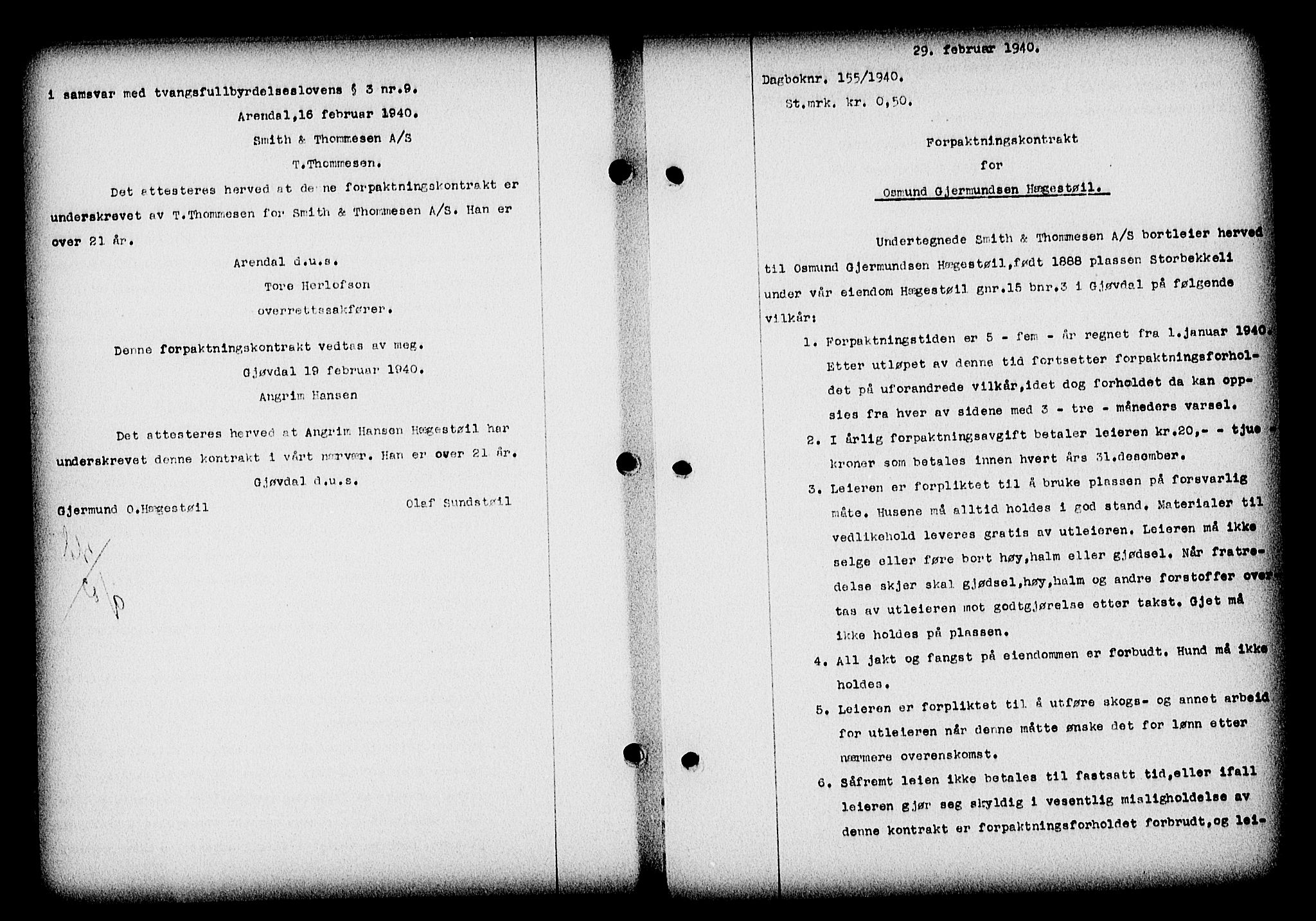 Nedenes sorenskriveri, SAK/1221-0006/G/Gb/Gba/L0047: Mortgage book no. A-I, 1939-1940, Diary no: : 155/1940