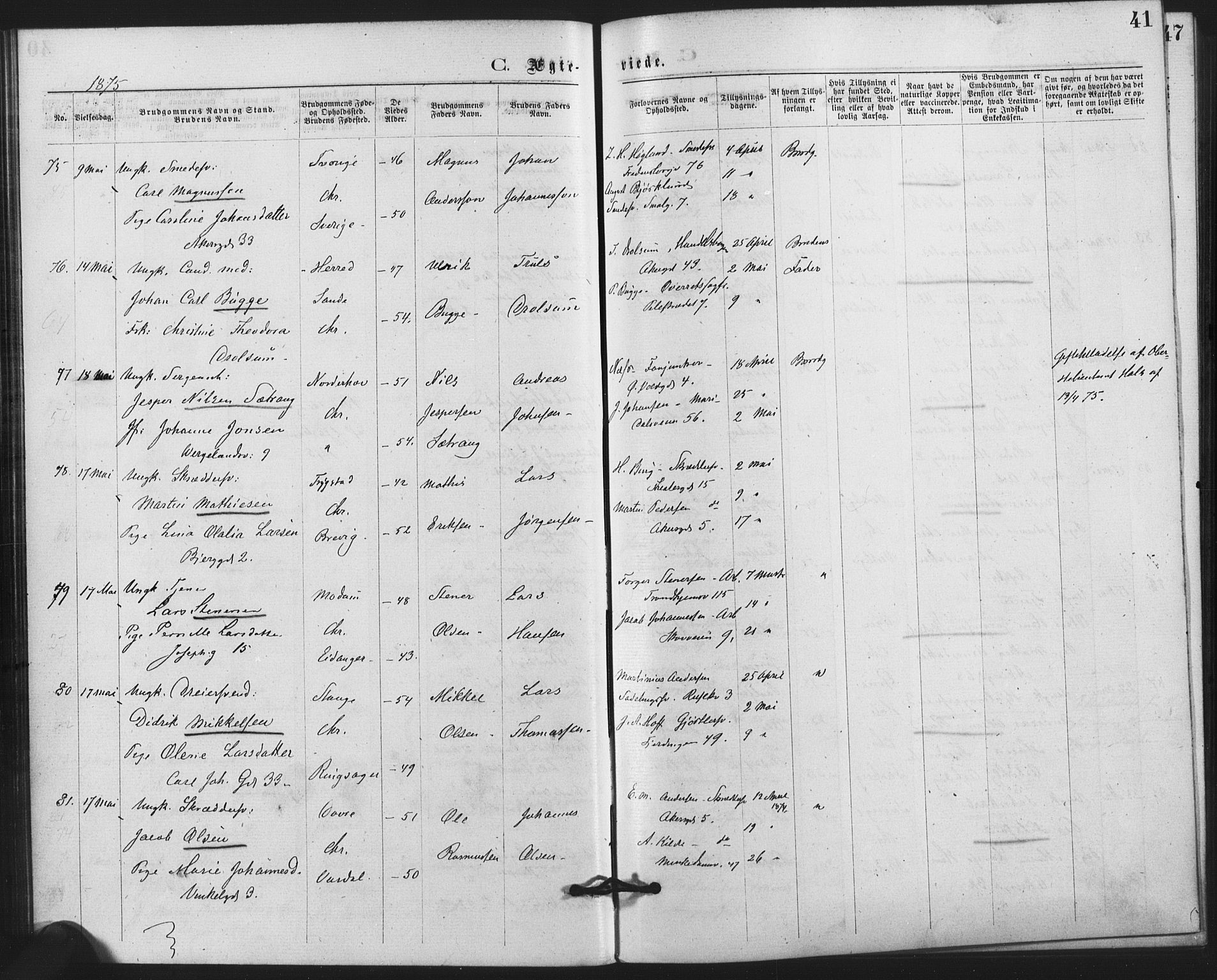 Trefoldighet prestekontor Kirkebøker, AV/SAO-A-10882/F/Fc/L0002: Parish register (official) no. III 2, 1874-1881, p. 41