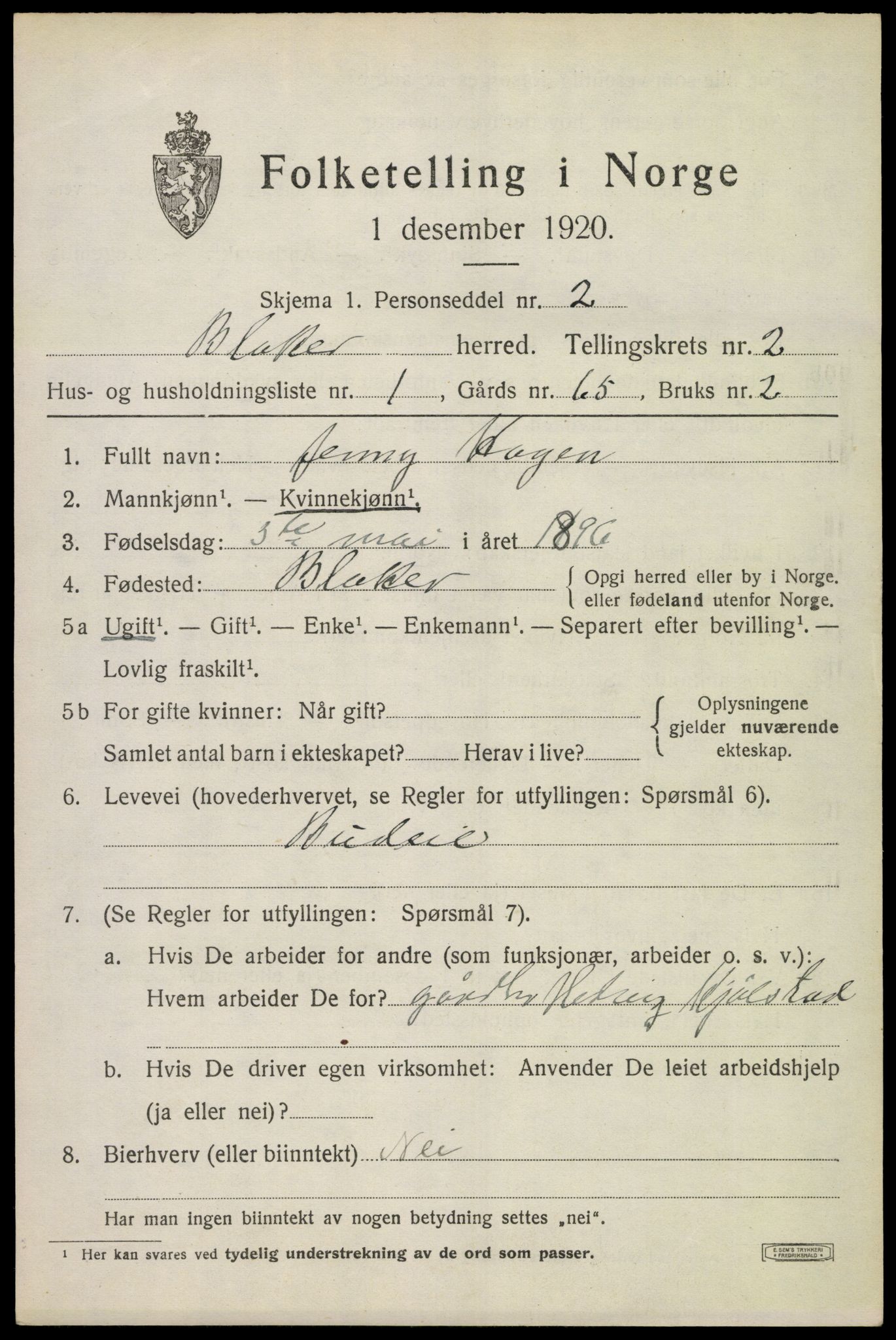 SAO, 1920 census for Blaker, 1920, p. 1467