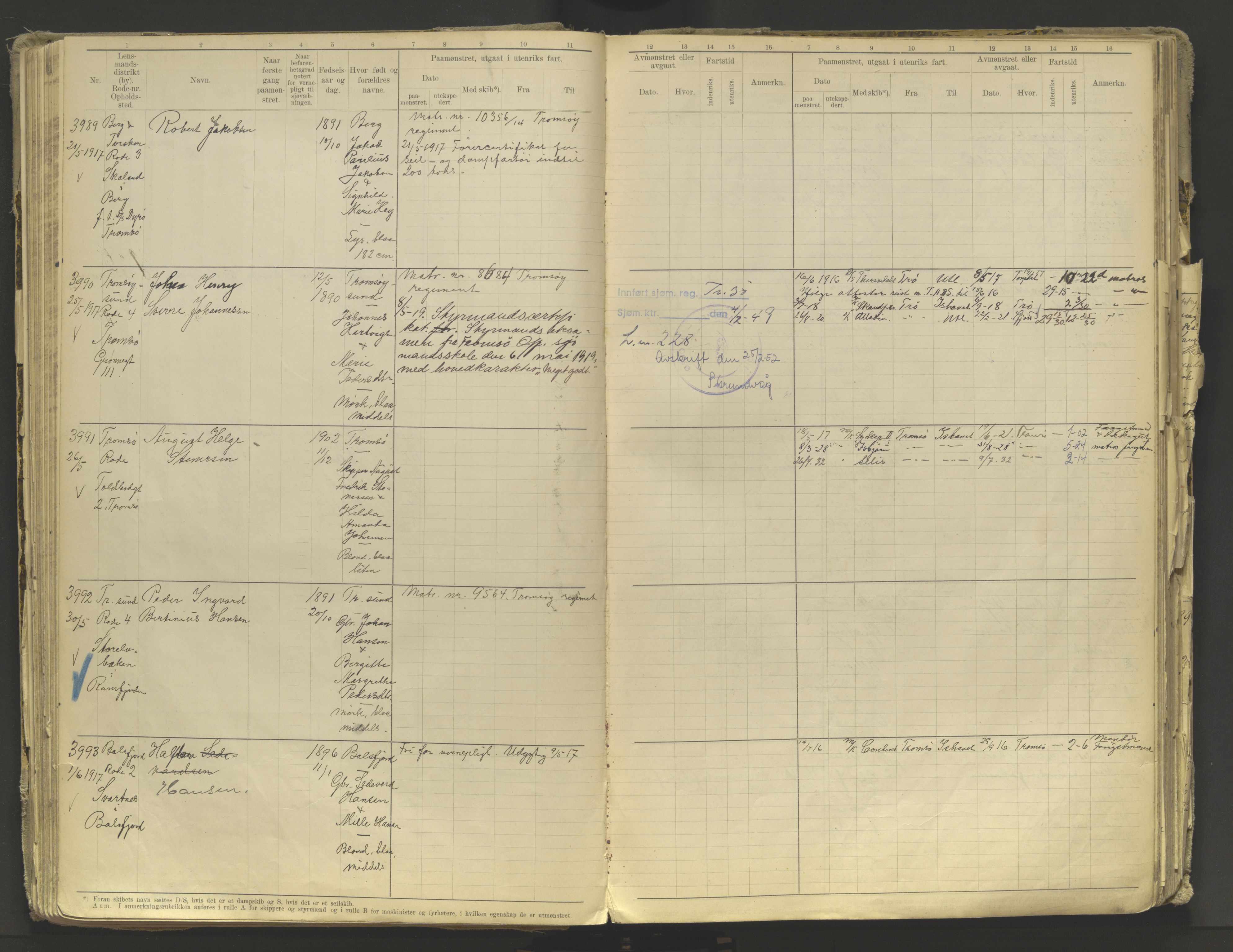 Tromsø sjømannskontor/innrullerings-/mønstringsdistrikt, AV/SATØ-S-0243/F/Fb/L0010: Annotasjonsrulle. Defekt: løs innbinding. Nr. 3519-4972, 1916-1920