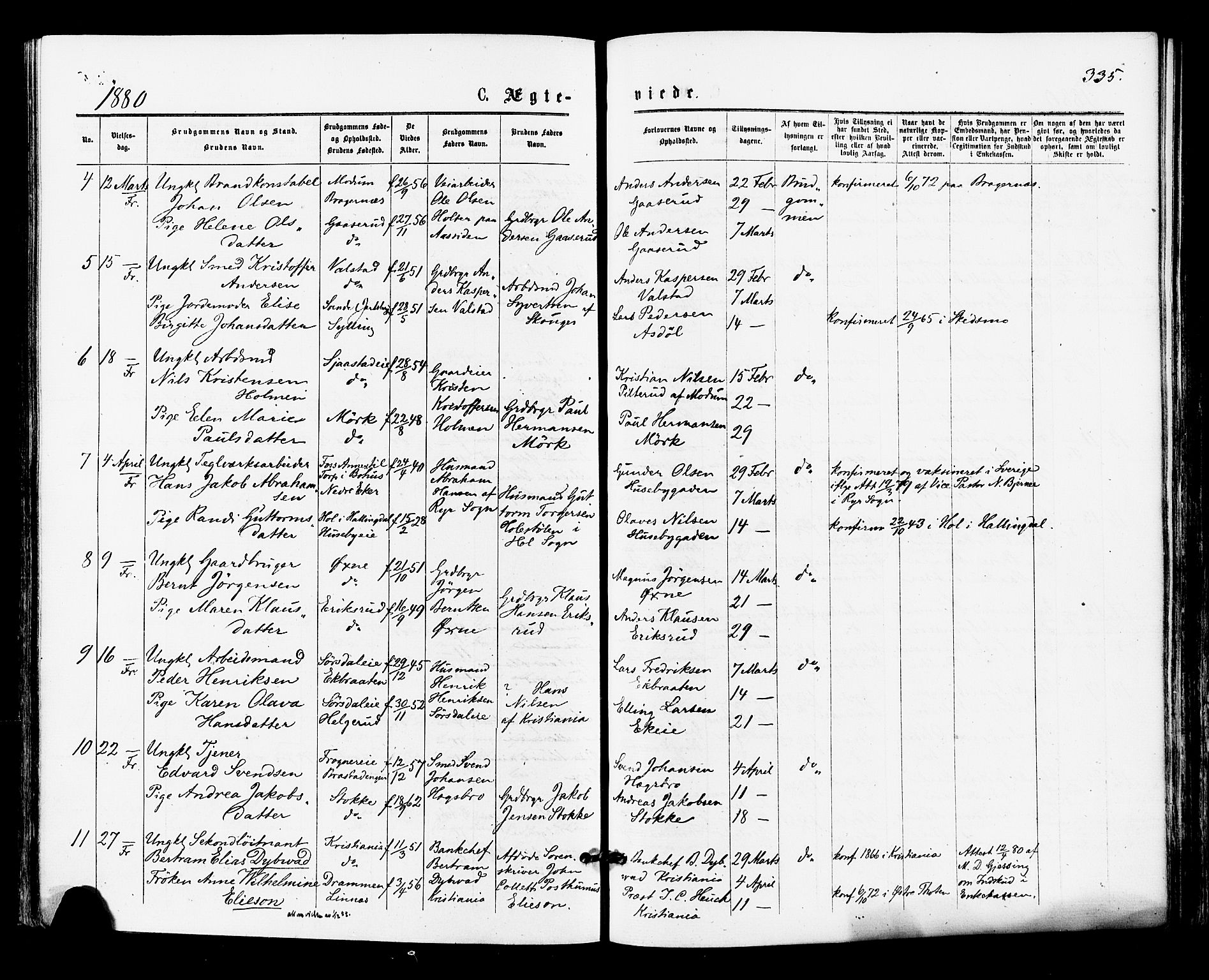 Lier kirkebøker, AV/SAKO-A-230/F/Fa/L0014: Parish register (official) no. I 14, 1875-1882, p. 335