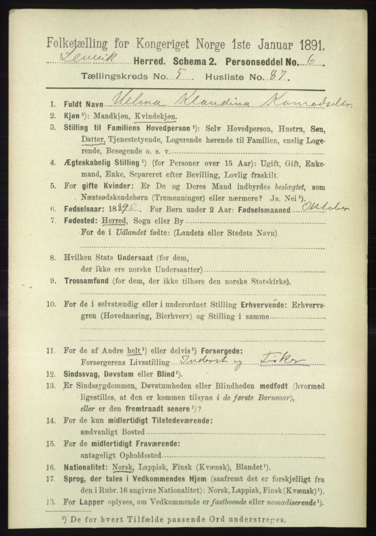 RA, 1891 census for 1931 Lenvik, 1891, p. 3153