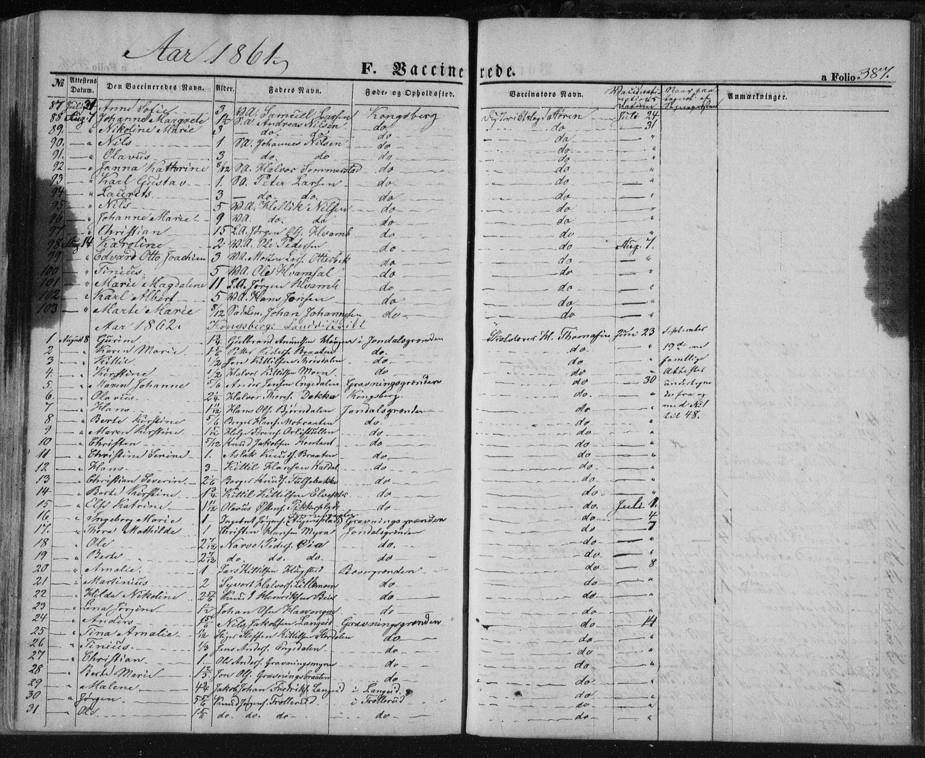 Kongsberg kirkebøker, SAKO/A-22/F/Fa/L0010: Parish register (official) no. I 10, 1859-1875, p. 387