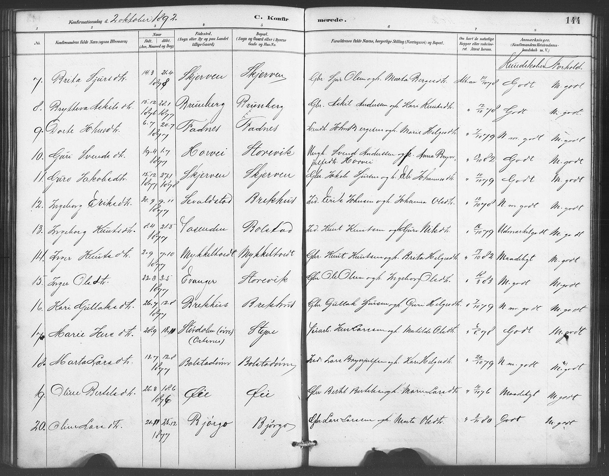 Evanger sokneprestembete, AV/SAB-A-99924: Parish register (copy) no. A 4, 1887-1897, p. 144