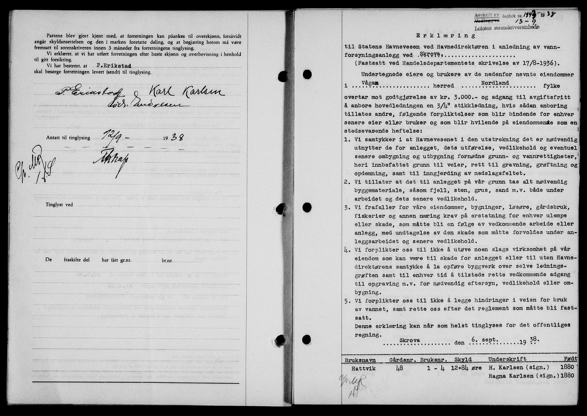 Lofoten sorenskriveri, SAT/A-0017/1/2/2C/L0004a: Mortgage book no. 4a, 1938-1938, Diary no: : 1943/1938