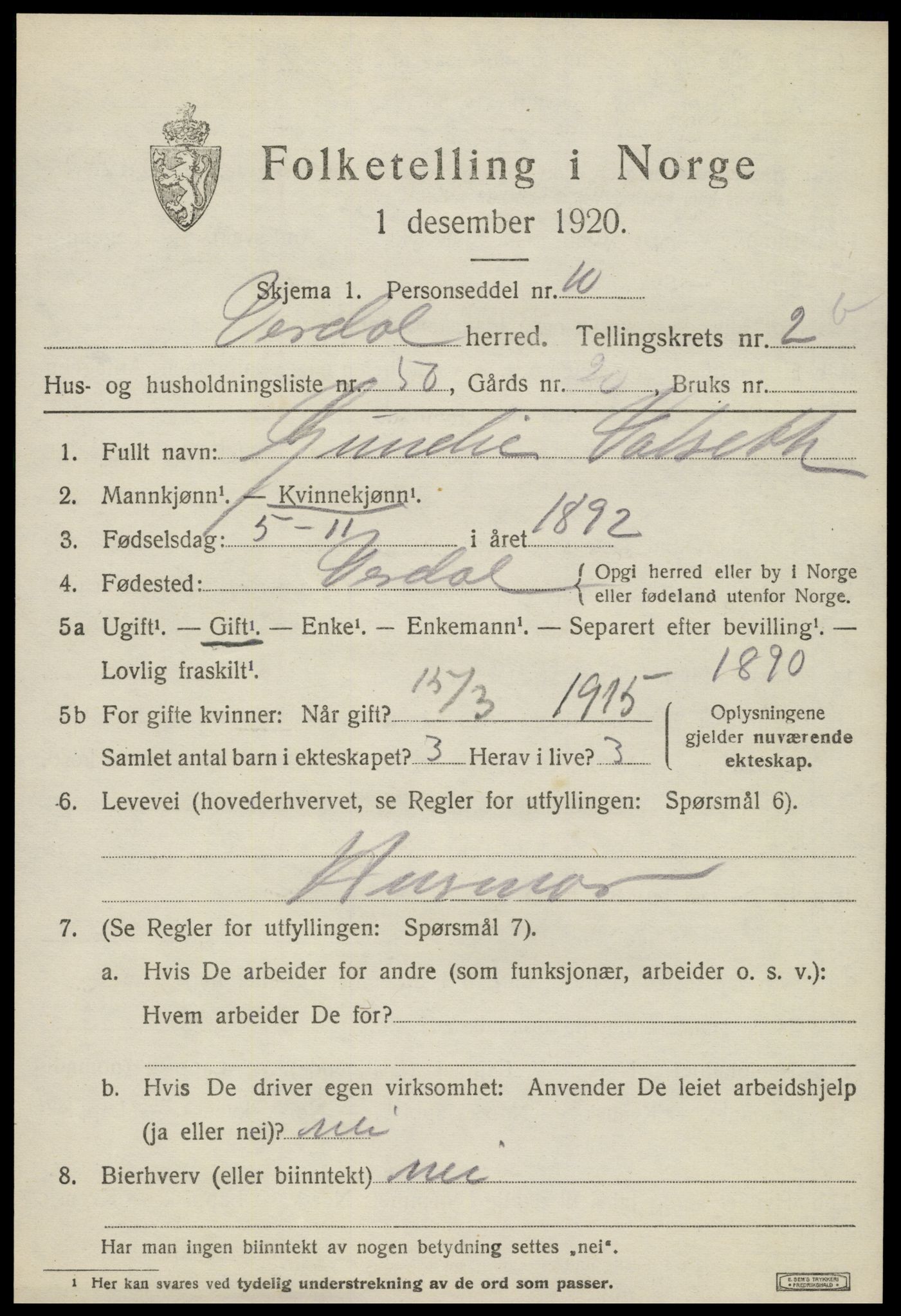 SAT, 1920 census for Verdal, 1920, p. 4709