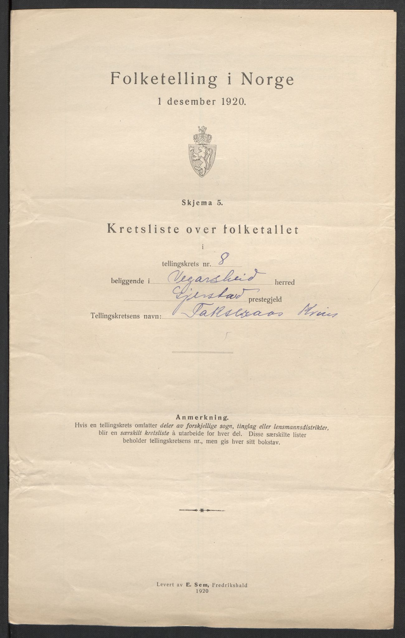 SAK, 1920 census for Vegårshei, 1920, p. 33