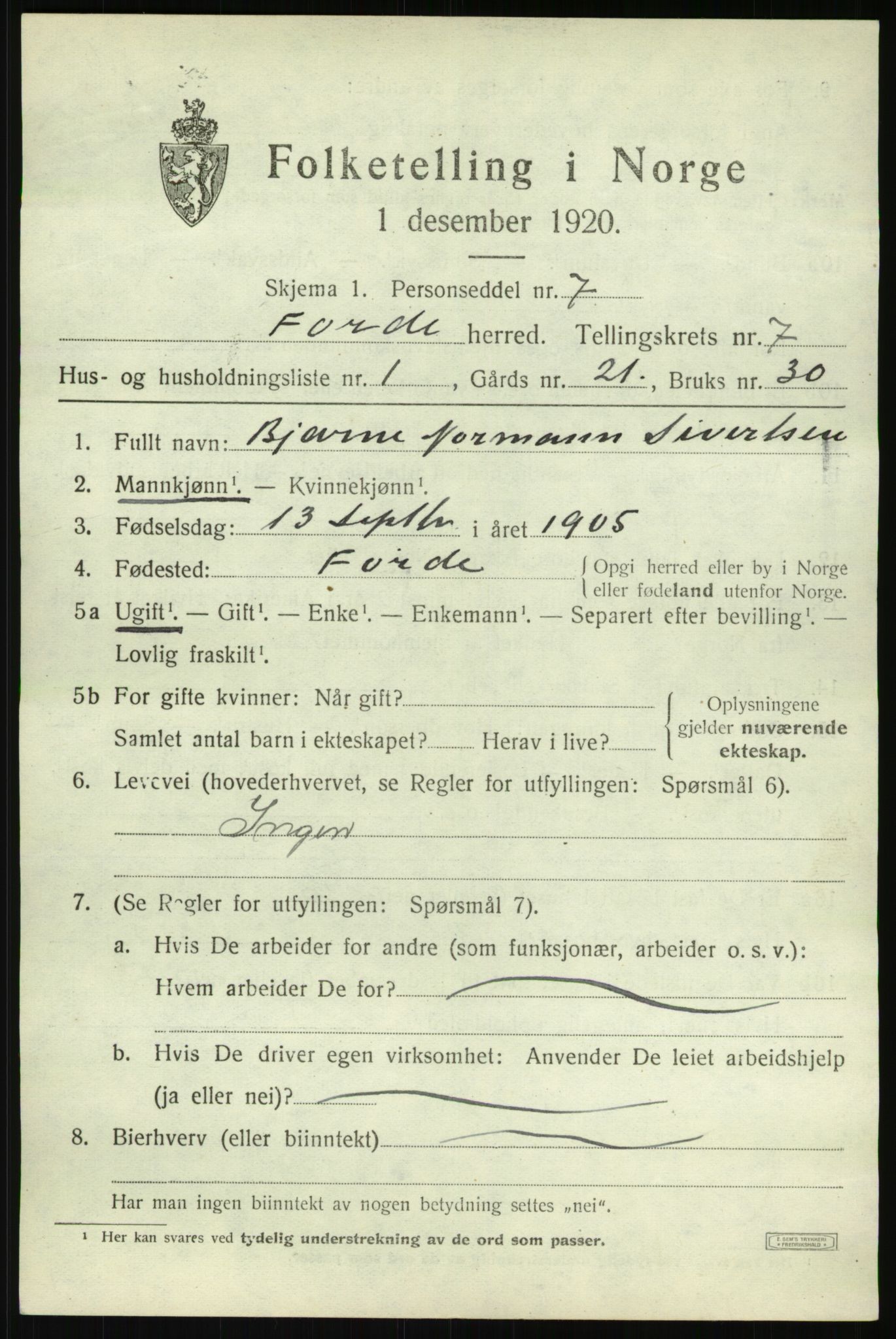 SAB, 1920 census for Førde, 1920, p. 2420